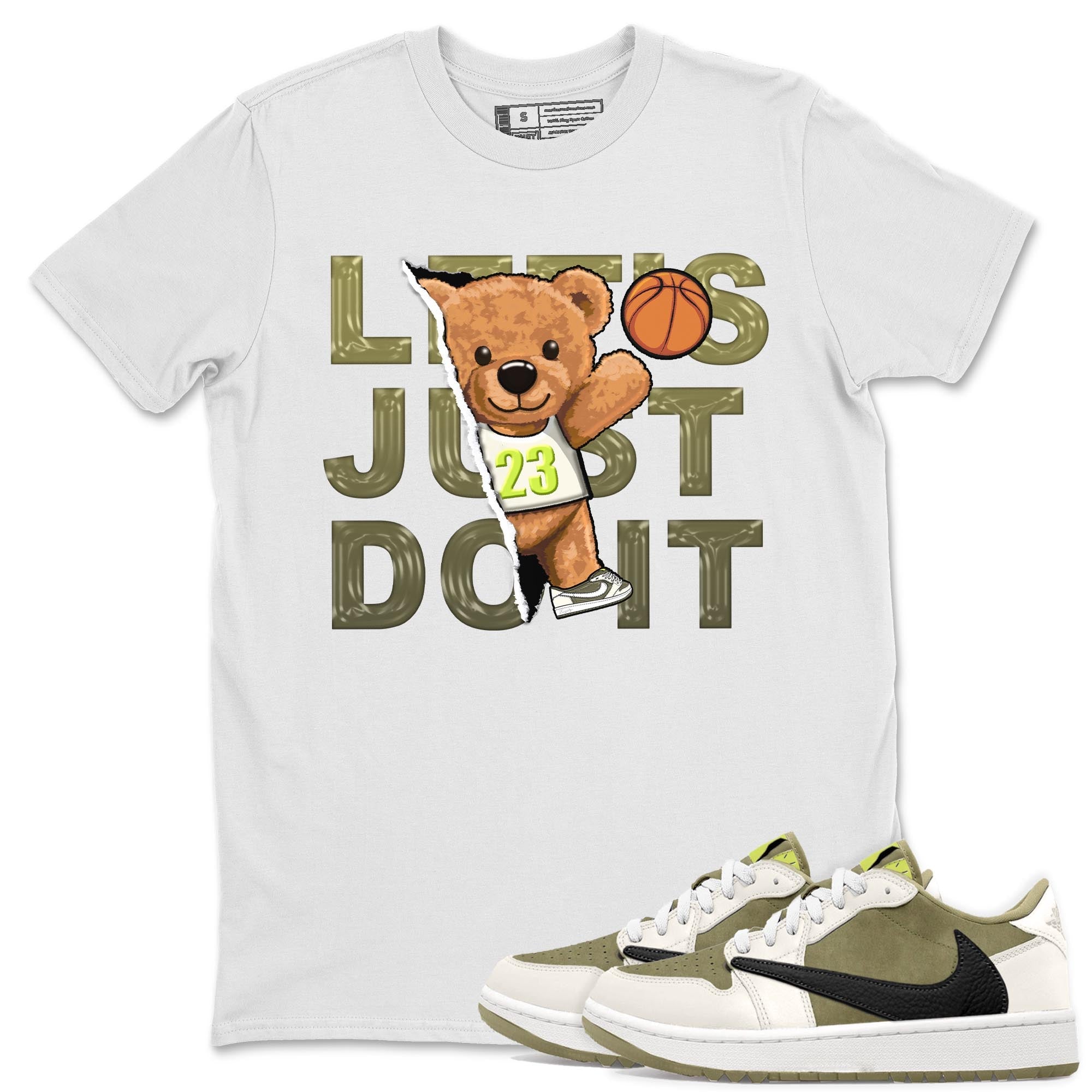 Jordan 1 Low X Travis Scott Golf Olive shirt to match jordans Rip Out Bear sneaker release tees Air Jordan 1 Travis Scott Golf Olive Drip Gear Zone Unisex Streetwear Clothing White 1 T-Shirt