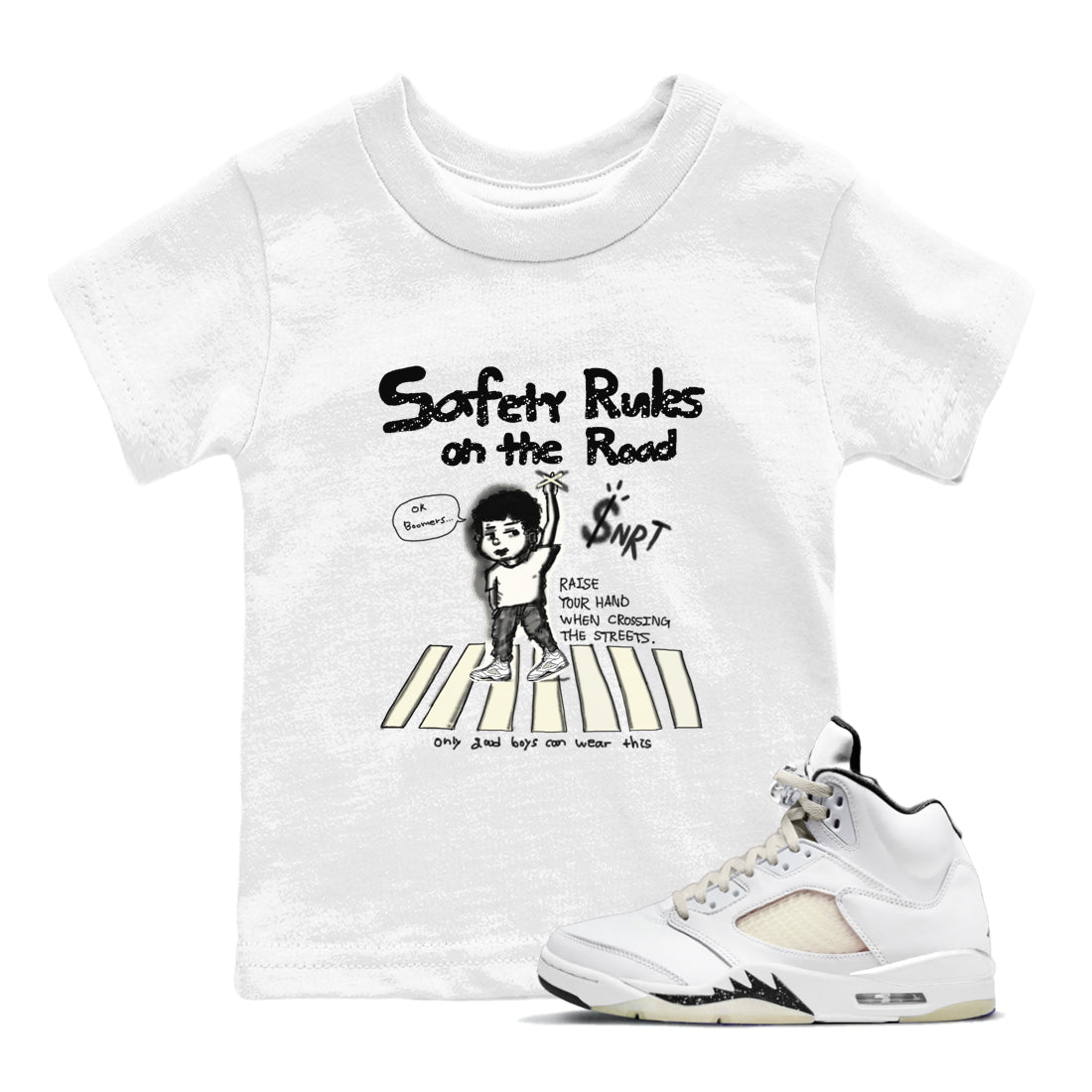 AJ5 Sail shirt to match jordans Safety Rules On The Road sneaker tees Air Jordan 5 Sail Drip Gear Zone baby toddler White 1 cotton Shirt