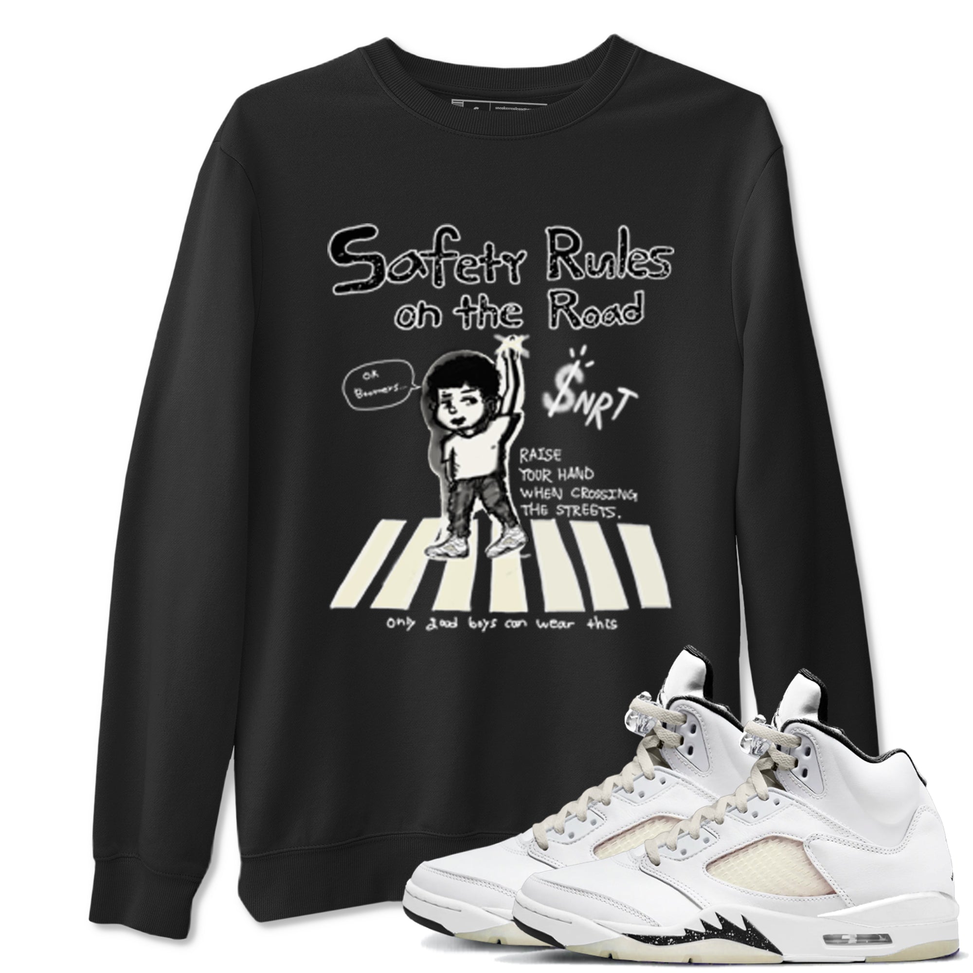 AJ5 Sail shirt to match jordans Safety Rules On The Road sneaker tees Air Jordan 5 Sail Drip Gear Zone unisex cotton Black 1 crew neck shirt