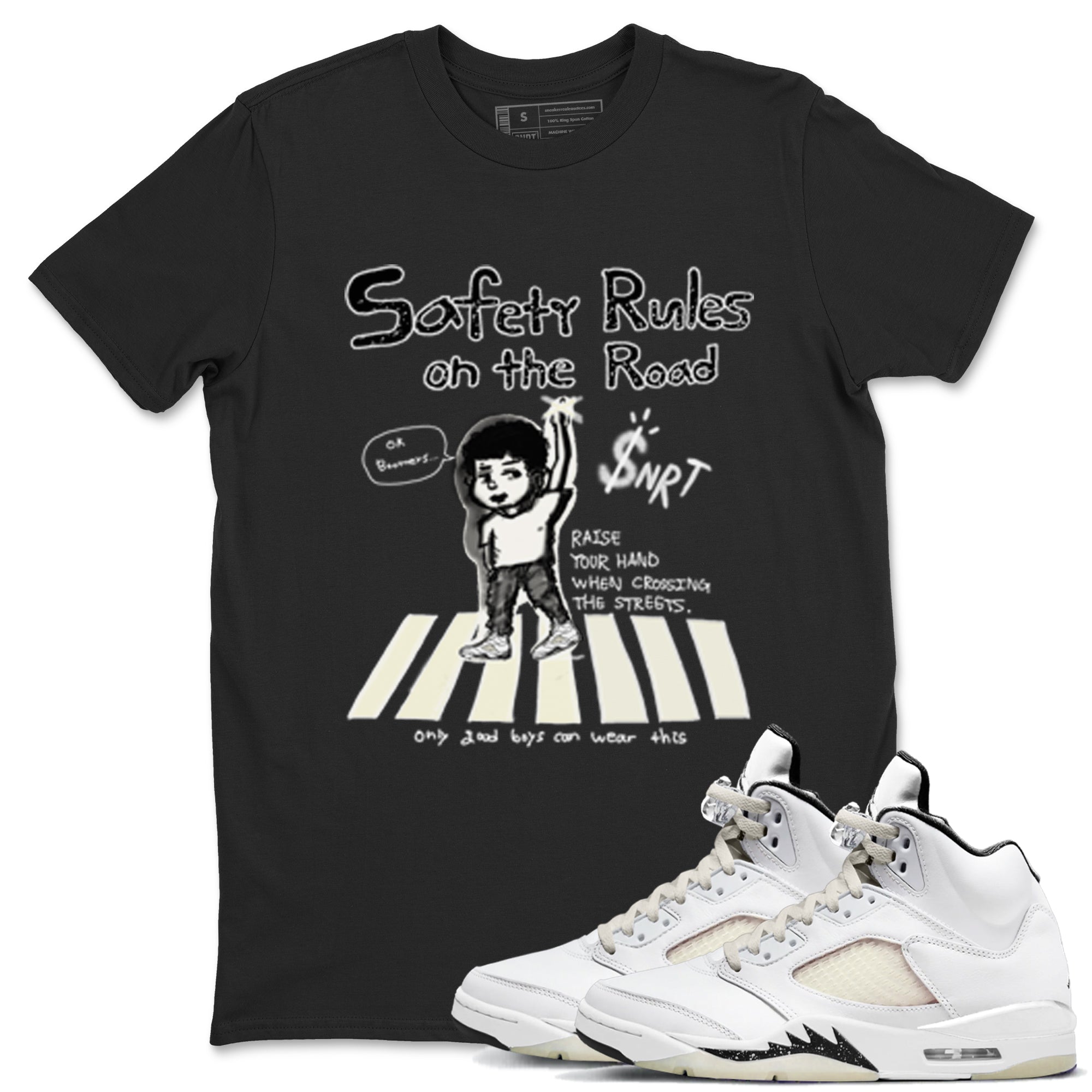 AJ5 Sail shirt to match jordans Safety Rules On The Road sneaker tees Air Jordan 5 Sail Drip Gear Zone unisex cotton Black 1 crew neck shirt