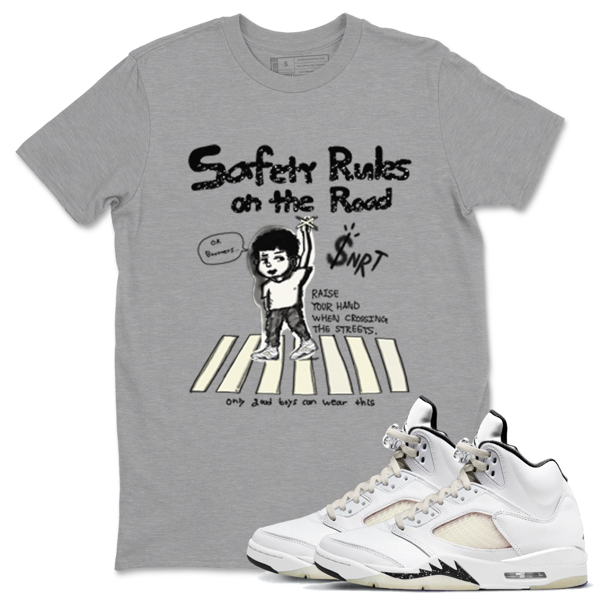 AJ5 Sail shirt to match jordans Safety Rules On The Road sneaker tees Air Jordan 5 Sail Drip Gear Zone unisex cotton Heather Grey 1 crew neck shirt
