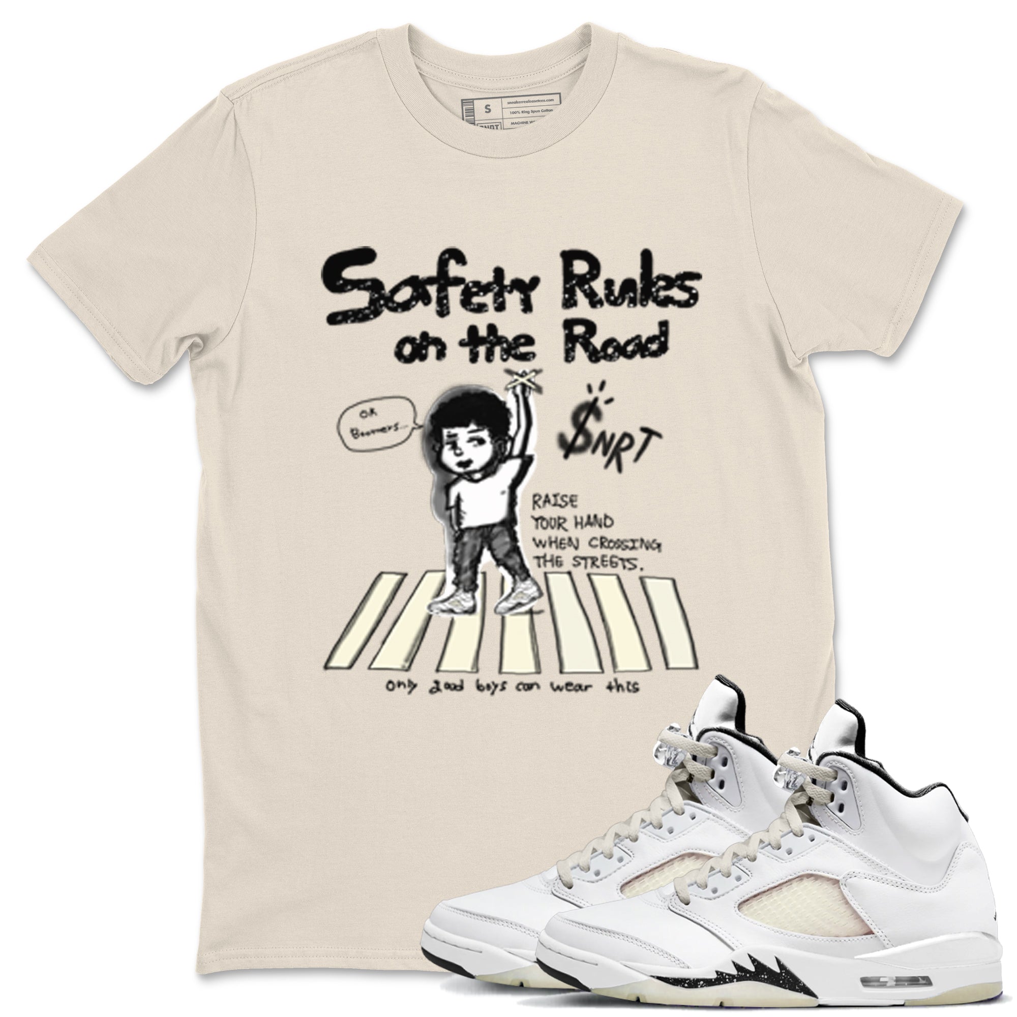 AJ5 Sail shirt to match jordans Safety Rules On The Road sneaker tees Air Jordan 5 Sail Drip Gear Zone unisex cotton Natural 1 crew neck shirt