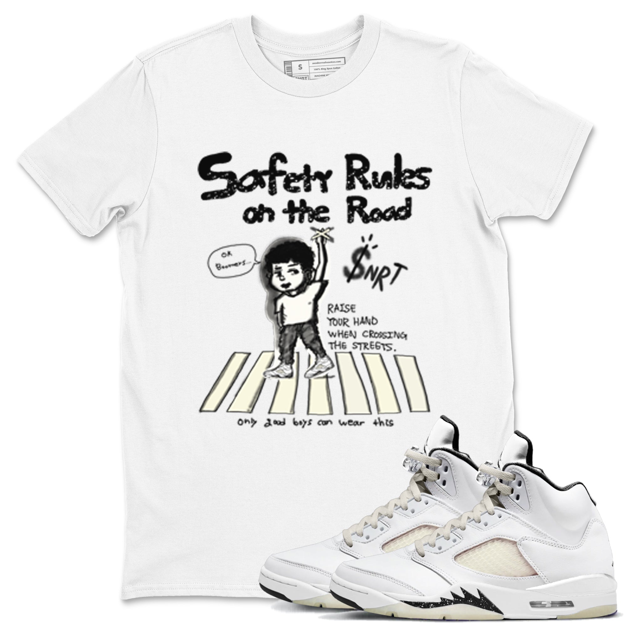 AJ5 Sail shirt to match jordans Safety Rules On The Road sneaker tees Air Jordan 5 Sail Drip Gear Zone unisex cotton White 1 crew neck shirt