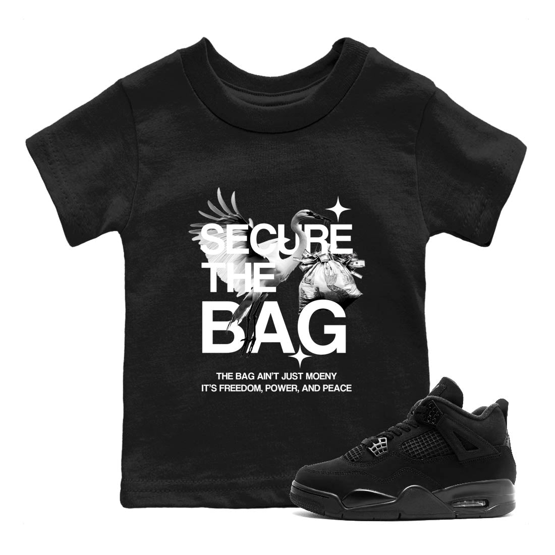 Sneaker Threads  Sneaker Tees To Match Air Jordan 4 Black Cat  Secure The Bag Youth Graphic Tee Black 1. Perfect for Jordan releases 2025 colorways.