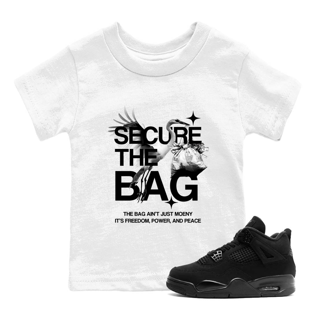 Sneaker Threads  Sneaker Tees To Match Air Jordan 4 Black Cat  Secure The Bag Youth Graphic Tee White 1. Perfect for Jordan releases 2025 colorways.