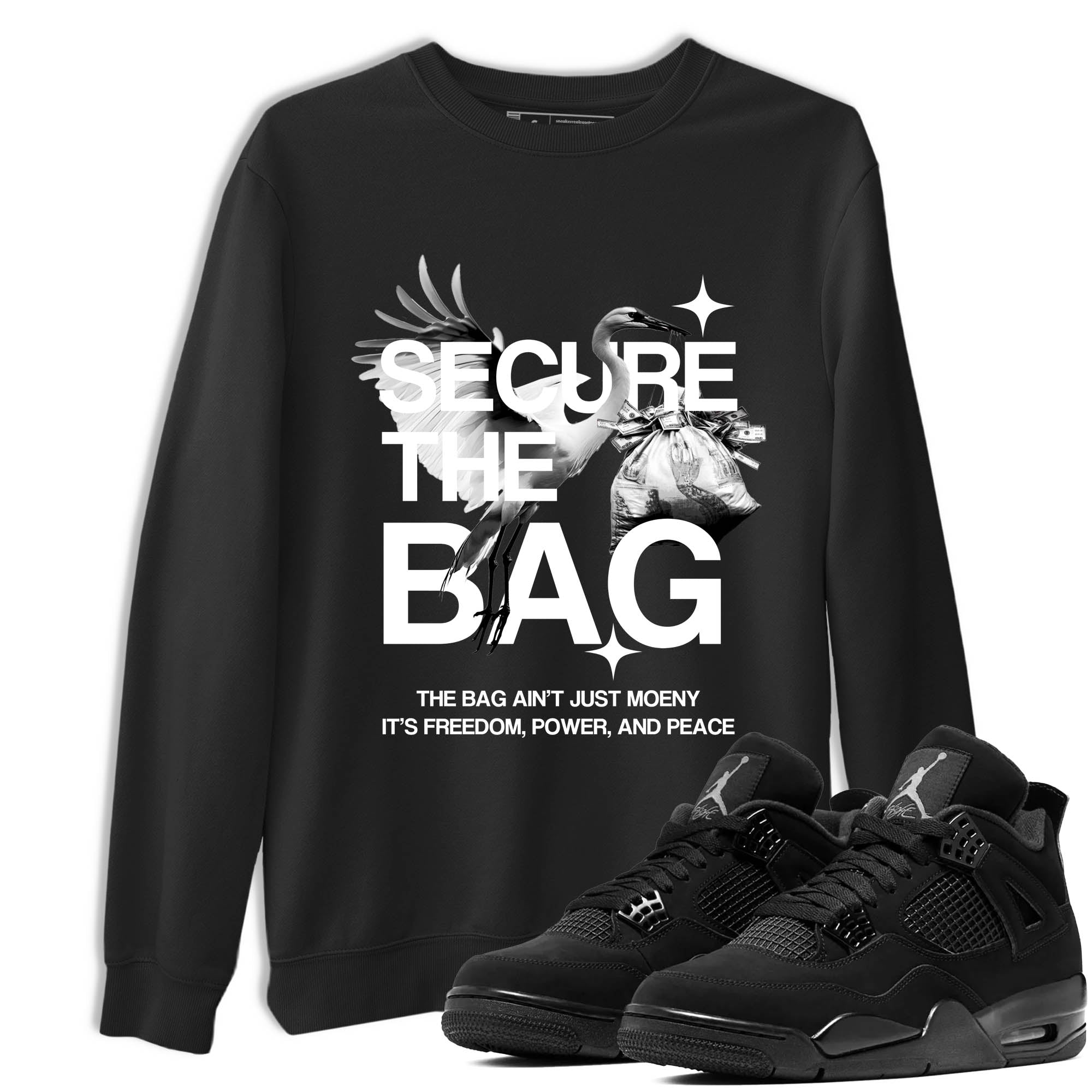 Sneaker Threads  Sneaker Tees To Match Air Jordan 4 Black Cat  Secure The Bag Graphic Tee Black 1. Perfect for Jordan releases 2025 colorways.