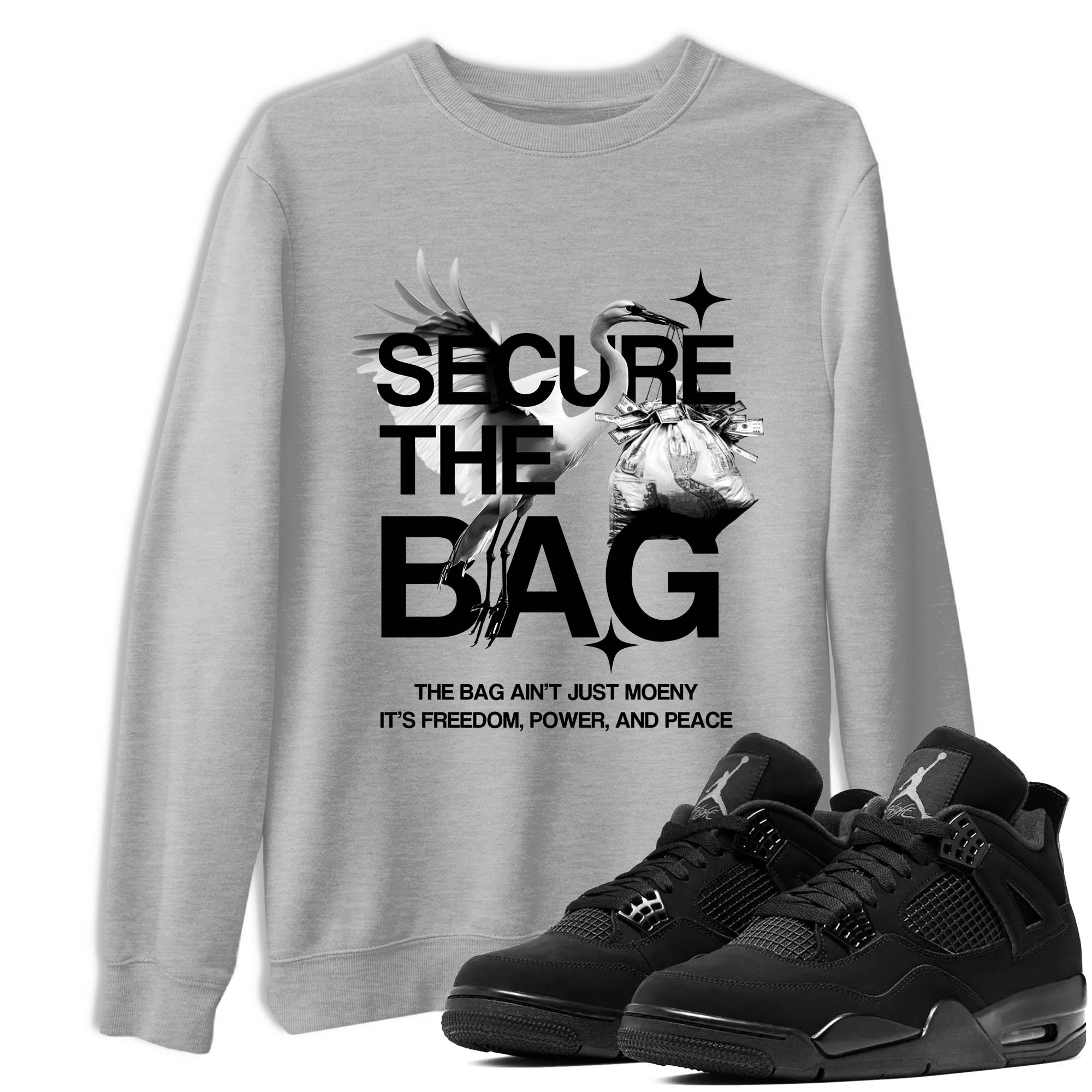 Sneaker Threads  Sneaker Tees To Match Air Jordan 4 Black Cat  Secure The Bag Graphic Tee Heather Grey 1. Perfect for Jordan releases 2025 colorways.