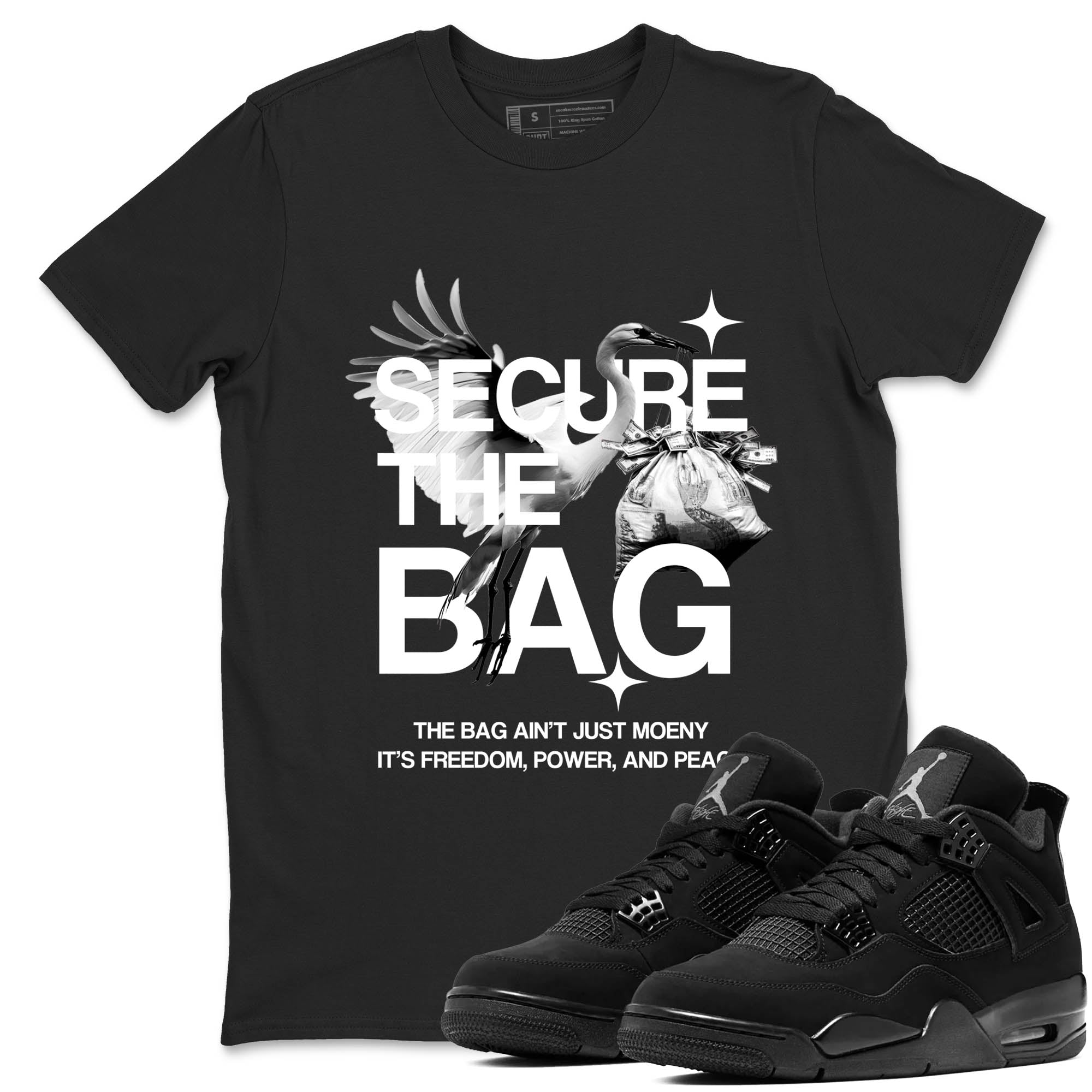 Sneaker Threads  Sneaker Tees To Match Air Jordan 4 Black Cat  Secure The Bag Graphic Tee Black 1. Perfect for Jordan releases 2025 colorways.