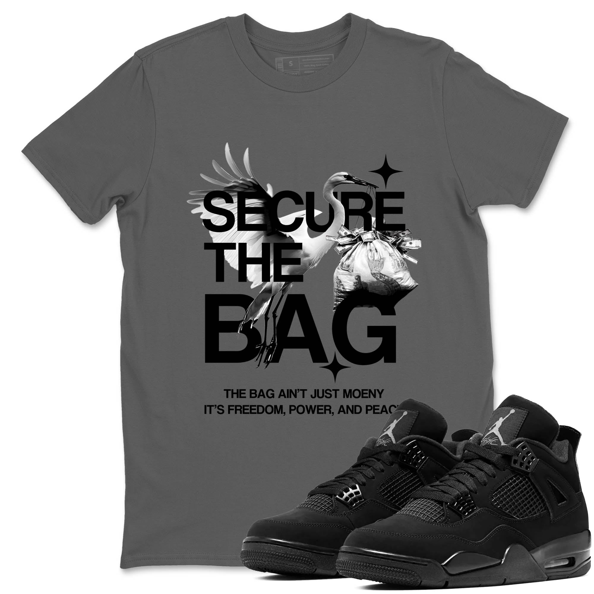 Sneaker Threads  Sneaker Tees To Match Air Jordan 4 Black Cat  Secure The Bag Graphic Tee Cool Grey 1. Perfect for Jordan releases 2025 colorways.