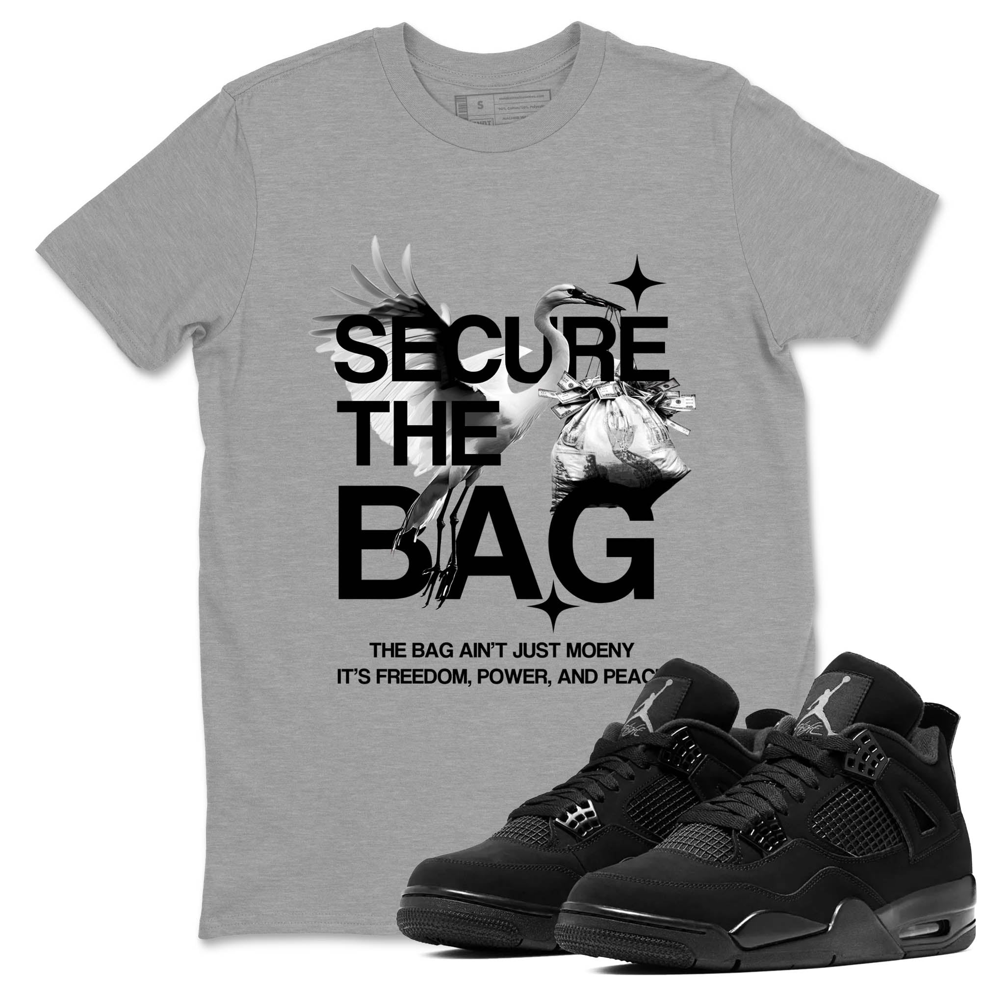 Sneaker Threads  Sneaker Tees To Match Air Jordan 4 Black Cat  Secure The Bag Graphic Tee Heather Grey 1. Perfect for Jordan releases 2025 colorways.