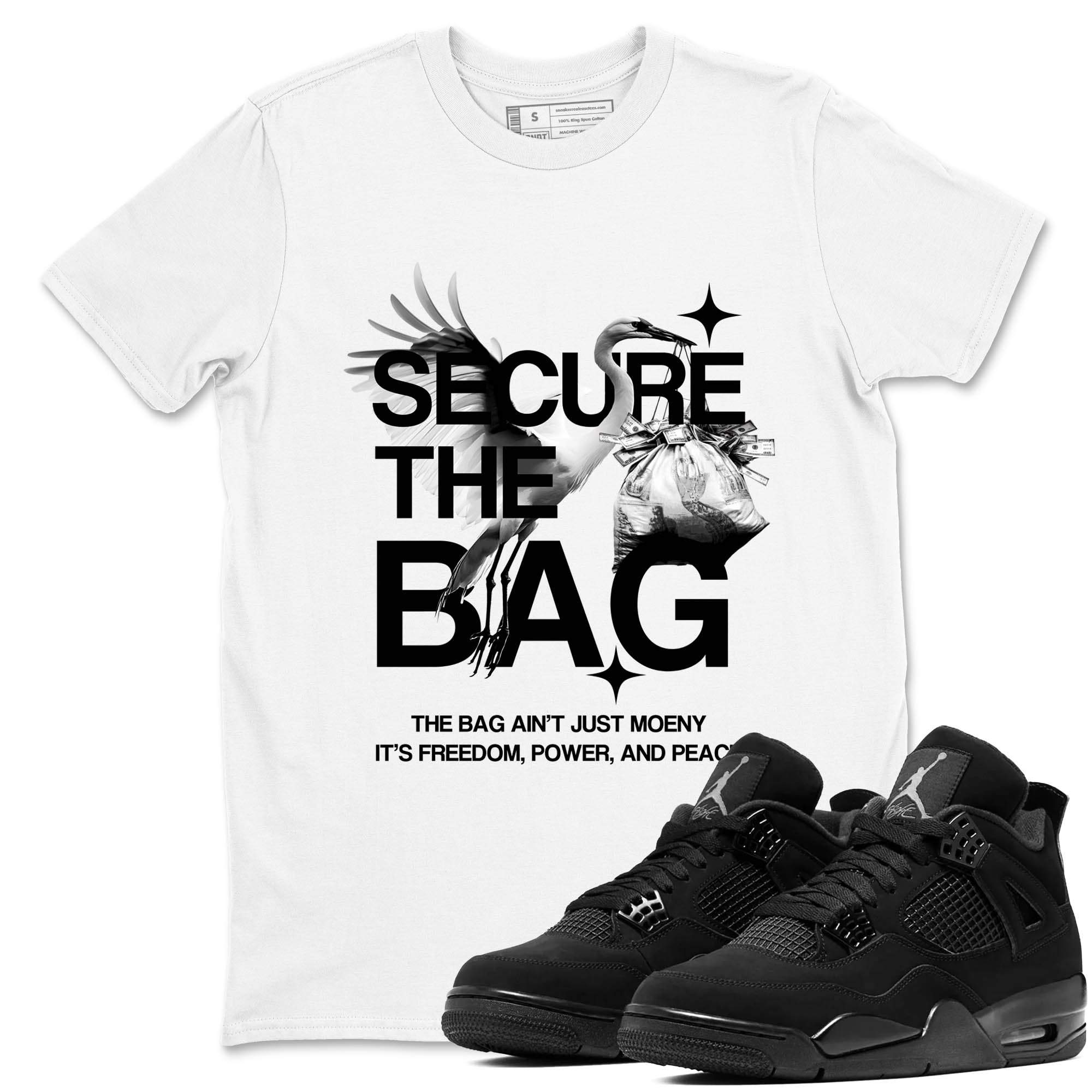 Sneaker Threads  Sneaker Tees To Match Air Jordan 4 Black Cat  Secure The Bag Graphic Tee White 1. Perfect for Jordan releases 2025 colorways.