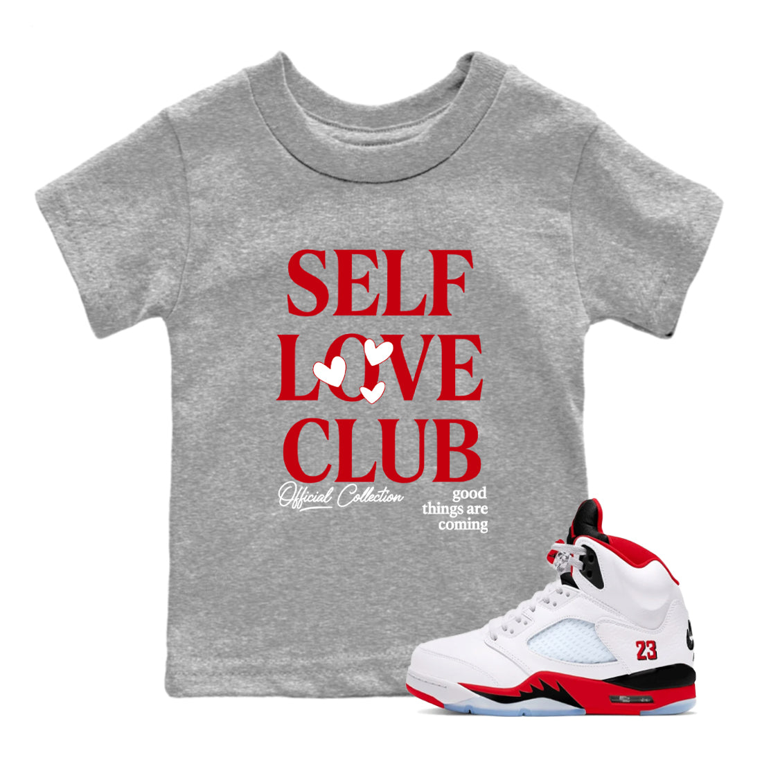 5s Fire Red Sneaker match tees  Sneaker Tees To Match Jordan 5 Retro Fire Red Sneakers  Self Love Club Kids Graphic T-Shirt Heather Grey 1