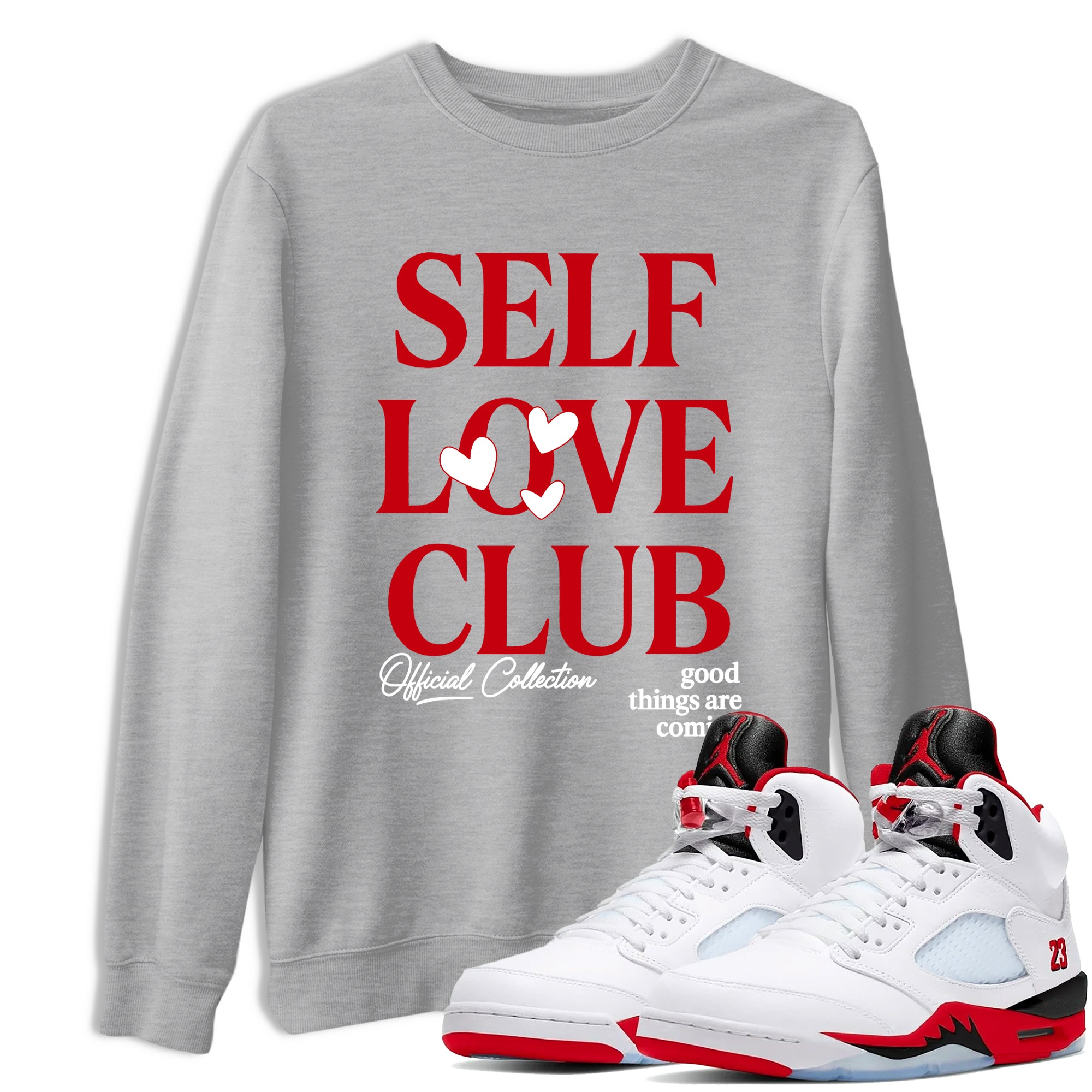 5s Fire Red Sneaker match tees  Sneaker Tees To Match Jordan 5 Retro Fire Red Sneakers  Self Love Club Graphic Tee Heather Grey 1