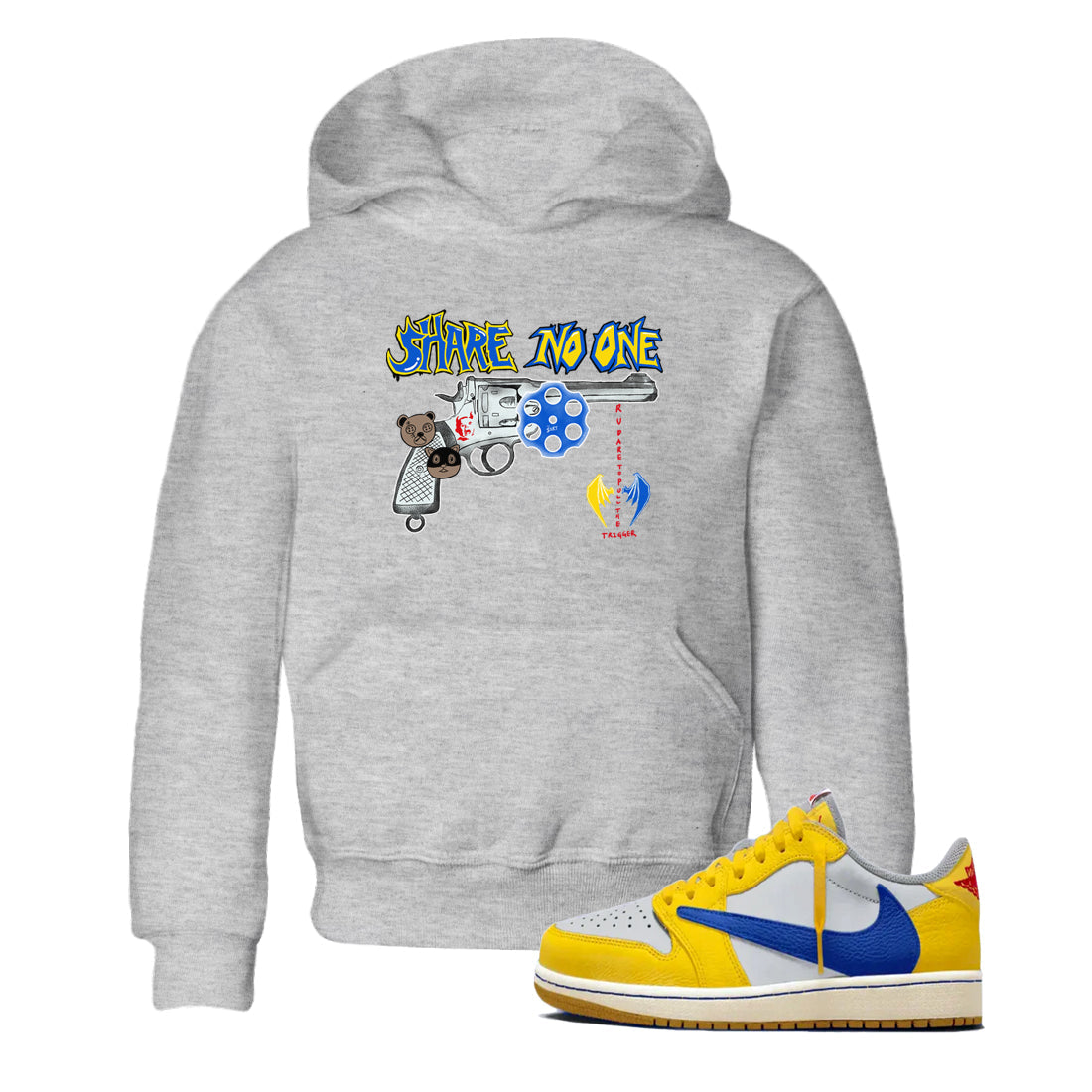 1s Travis Scott Canary shirt to match jordans Share No One sneaker tees Air Jordan 1 Travis Scott Canary SNRT sneaker release tees baby toddler Heather Grey 1 cotton Shirt