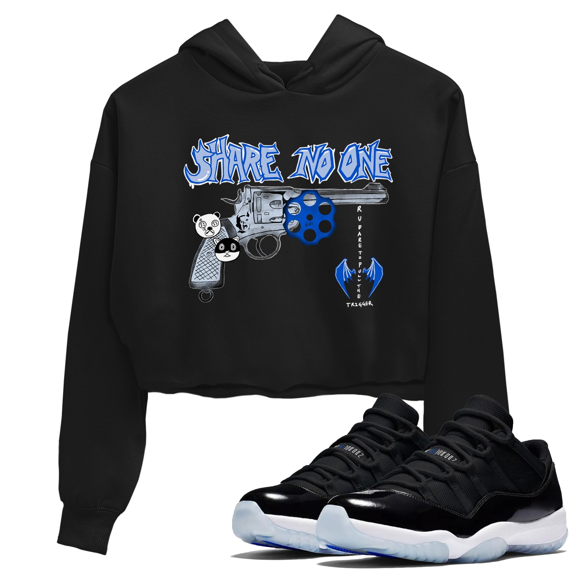 Air Jordan 11 Low Space shirt to match jordans Share No One sneaker tees Air Jordan 11 Low Space Drip Gear Zone Black 1 crop length shirt