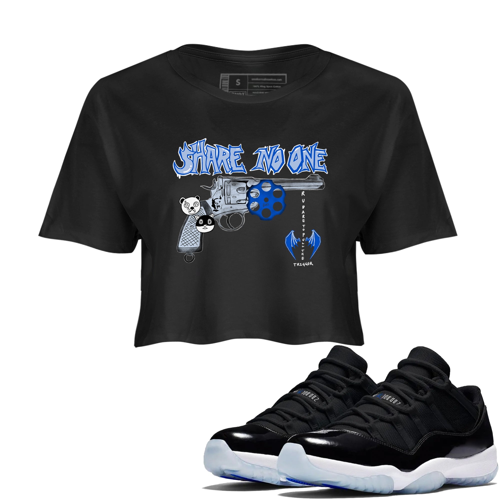 Air Jordan 11 Low Space shirt to match jordans Share No One sneaker tees Air Jordan 11 Low Space Drip Gear Zone Black 1 crop length shirt