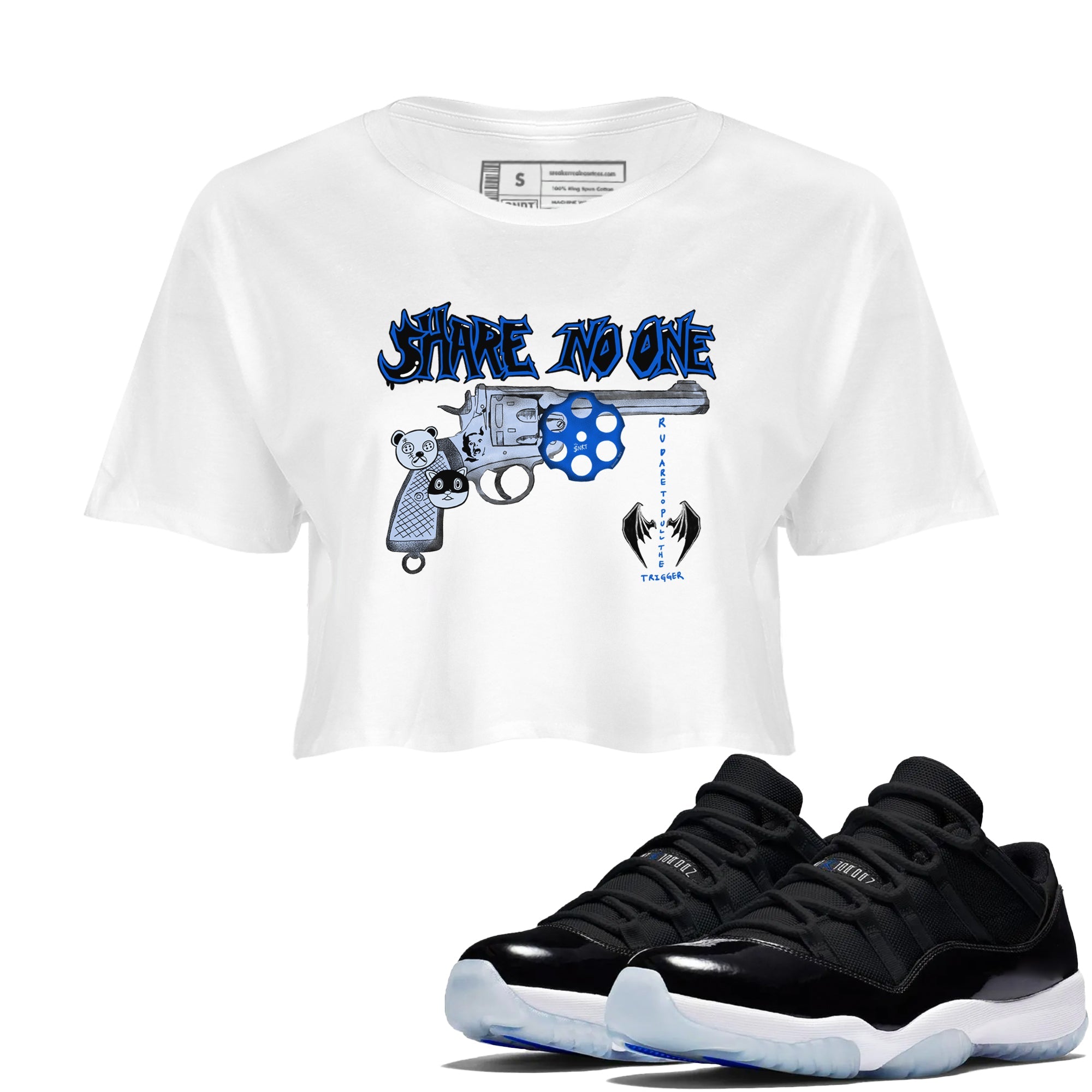 Air Jordan 11 Low Space shirt to match jordans Share No One sneaker tees Air Jordan 11 Low Space Drip Gear Zone White 1 crop length shirt