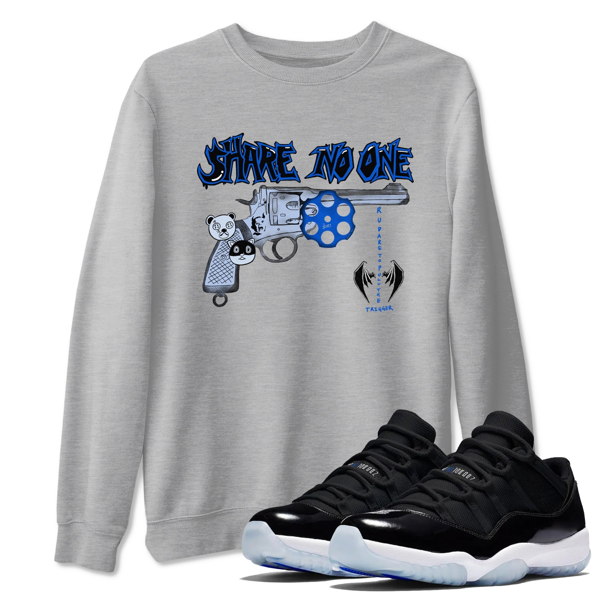 Air Jordan 11 Low Space shirt to match jordans Share No One sneaker tees Air Jordan 11 Low Space Drip Gear Zone unisex cotton Heather Grey 1 crew neck shirt
