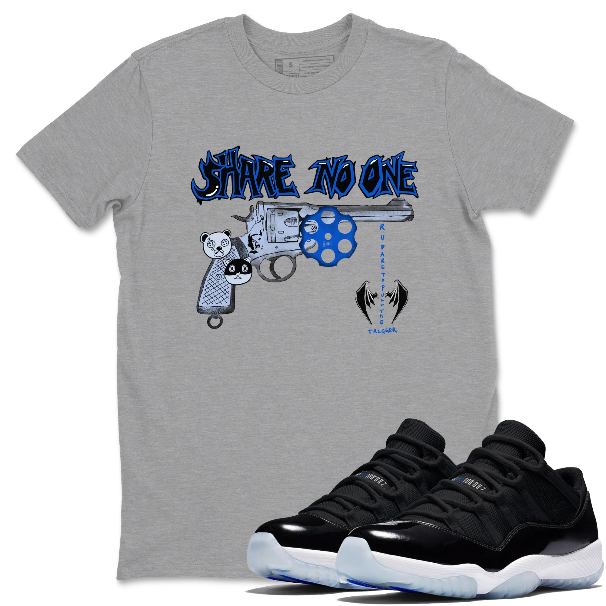 Air Jordan 11 Low Space shirt to match jordans Share No One sneaker tees Air Jordan 11 Low Space Drip Gear Zone unisex cotton Heather Grey 1 crew neck shirt
