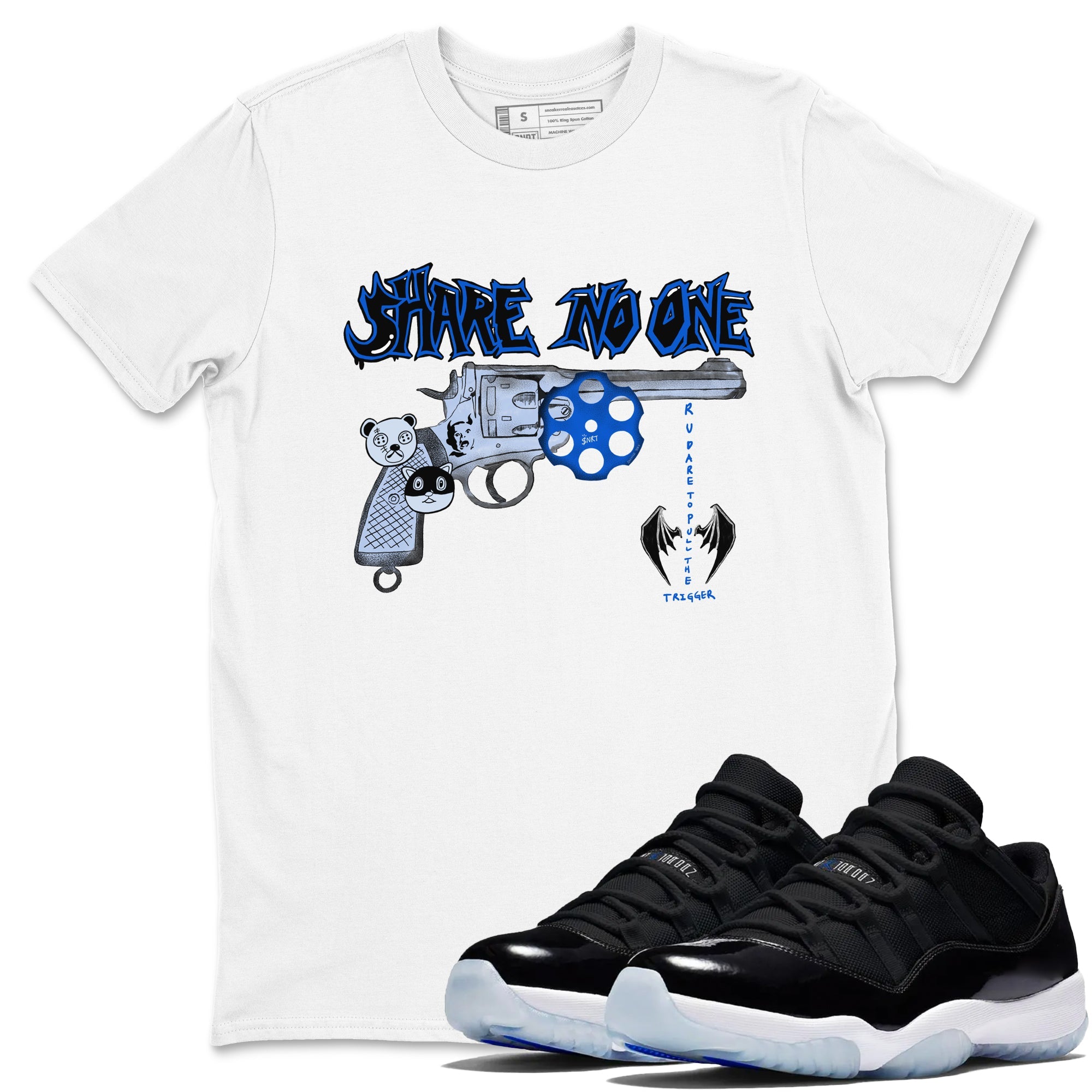 Air Jordan 11 Low Space shirt to match jordans Share No One sneaker tees Air Jordan 11 Low Space Drip Gear Zone unisex cotton White 1 crew neck shirt