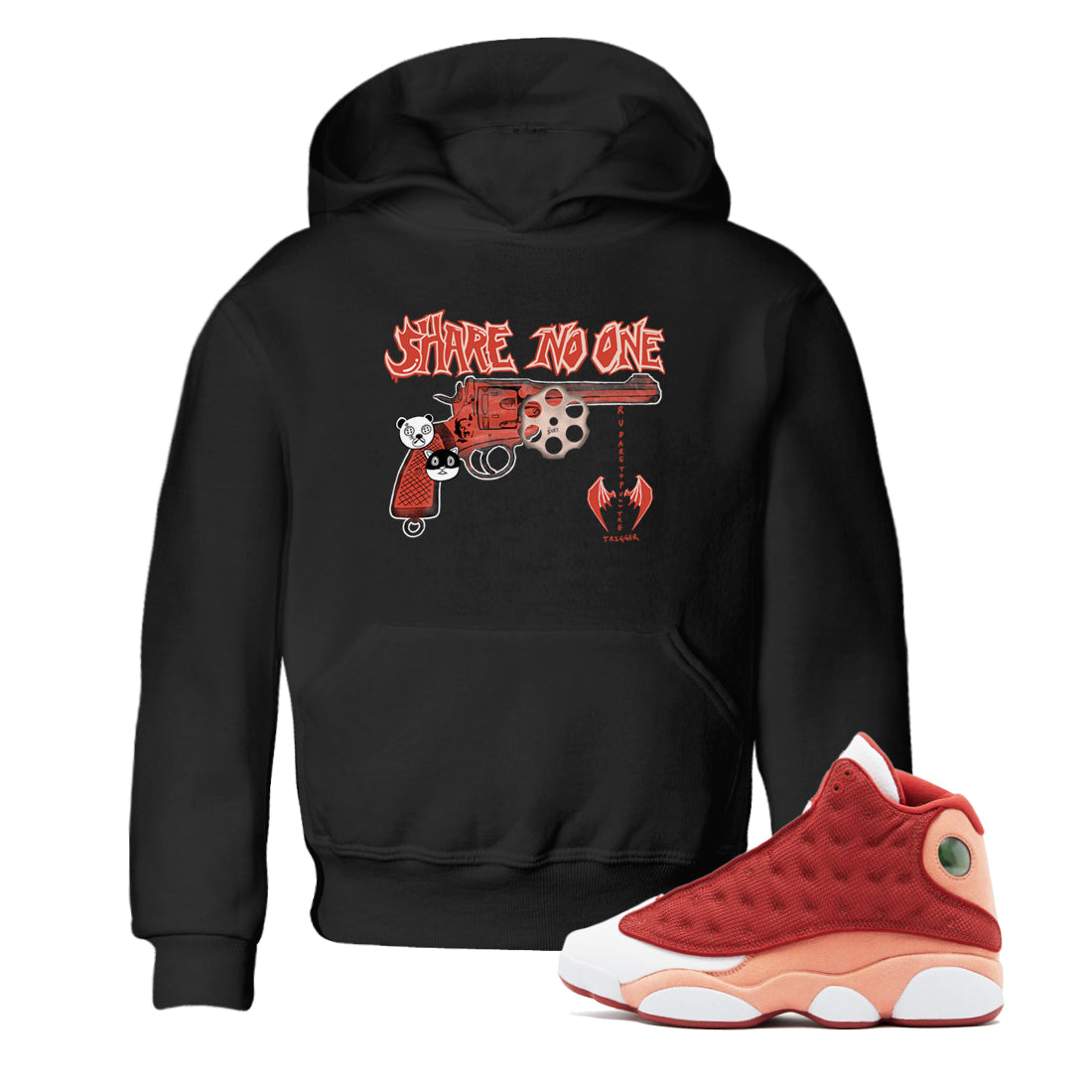 AJ13 Dune Red shirts to match jordans Share No One sneaker match tees Air Jordan 13 Dune Red Drip Gear Zone streetwear brand Baby and Youth Black 1 cotton tee