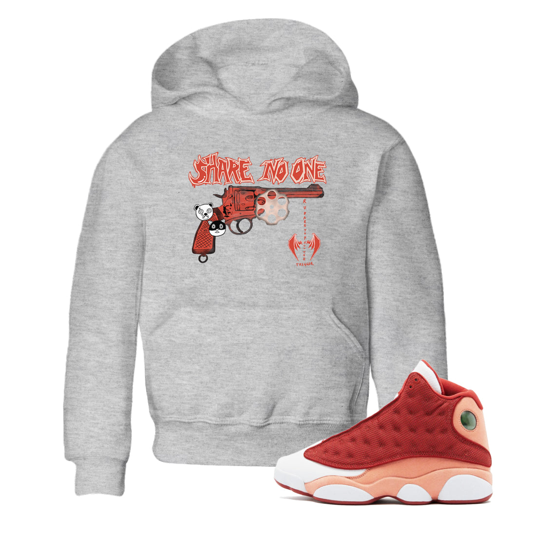 AJ13 Dune Red shirts to match jordans Share No One sneaker match tees Air Jordan 13 Dune Red Drip Gear Zone streetwear brand Baby and Youth Heather Grey 1 cotton tee