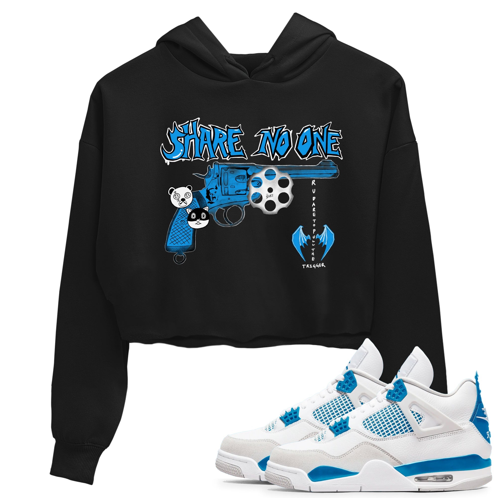 Air Jordan 4 Military Blue shirt to match jordans Share No One sneaker tees Air Jordan 4 Military Blue Drip Gear Zone Black 1 crop length shirt