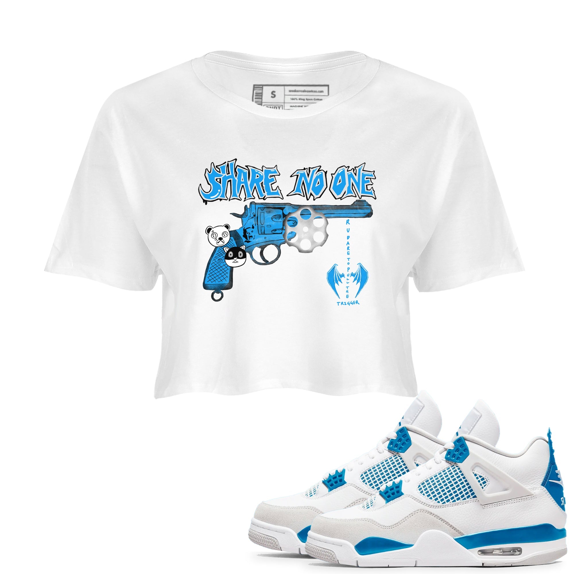 Air Jordan 4 Military Blue shirt to match jordans Share No One sneaker tees Air Jordan 4 Military Blue Drip Gear Zone White 1 crop length shirt