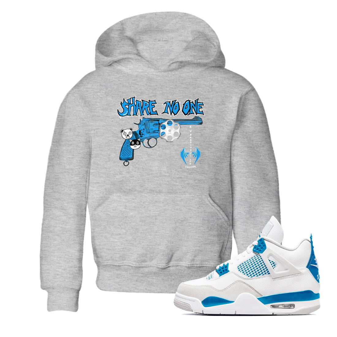 Air Jordan 4 Military Blue shirt to match jordans Share No One sneaker tees Air Jordan 4 Military Blue Drip Gear Zone baby toddler Heather Grey 1 cotton Shirt