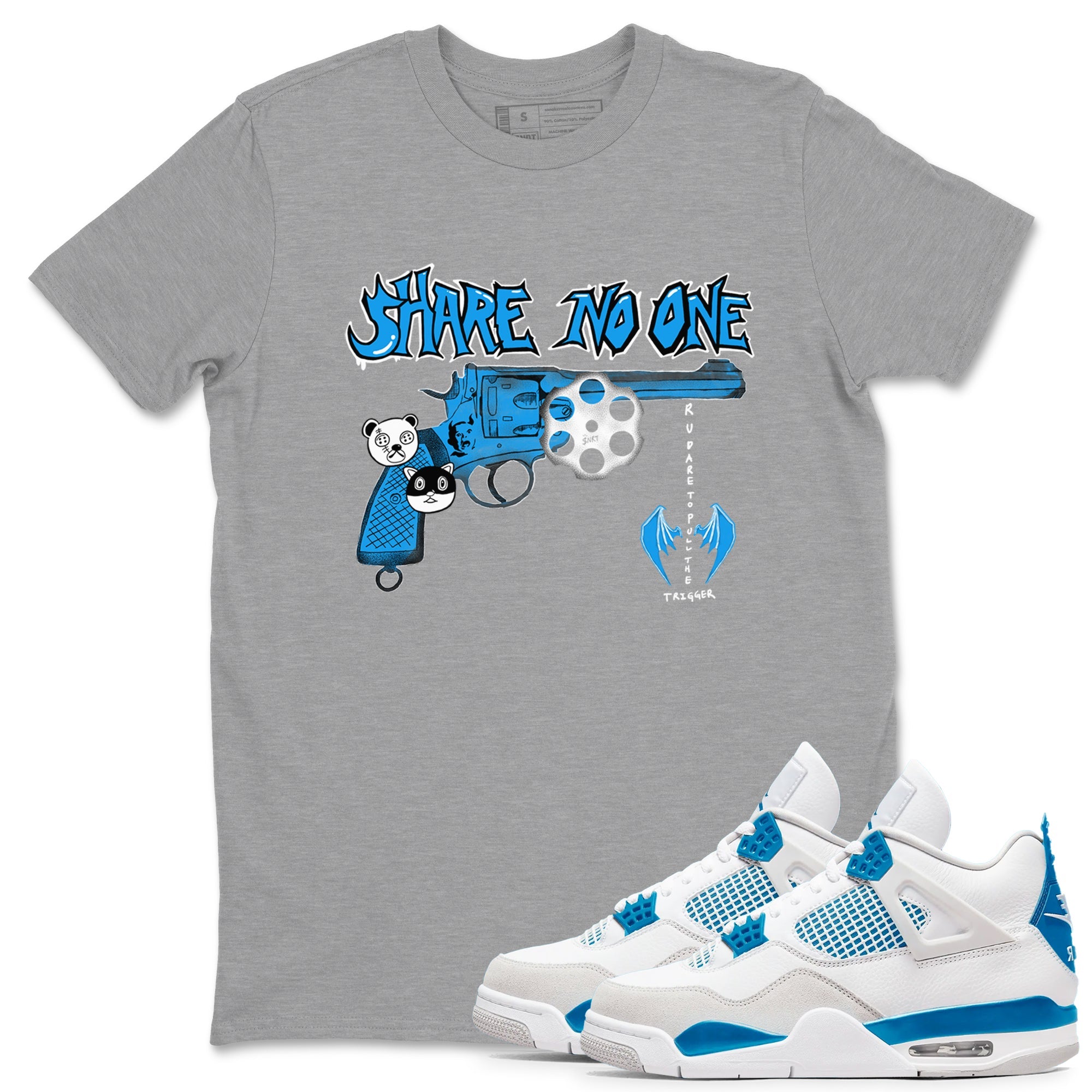 Air Jordan 4 Military Blue shirt to match jordans Share No One sneaker tees Air Jordan 4 Military Blue Drip Gear Zone unisex cotton Heather Grey 1 crew neck shirt