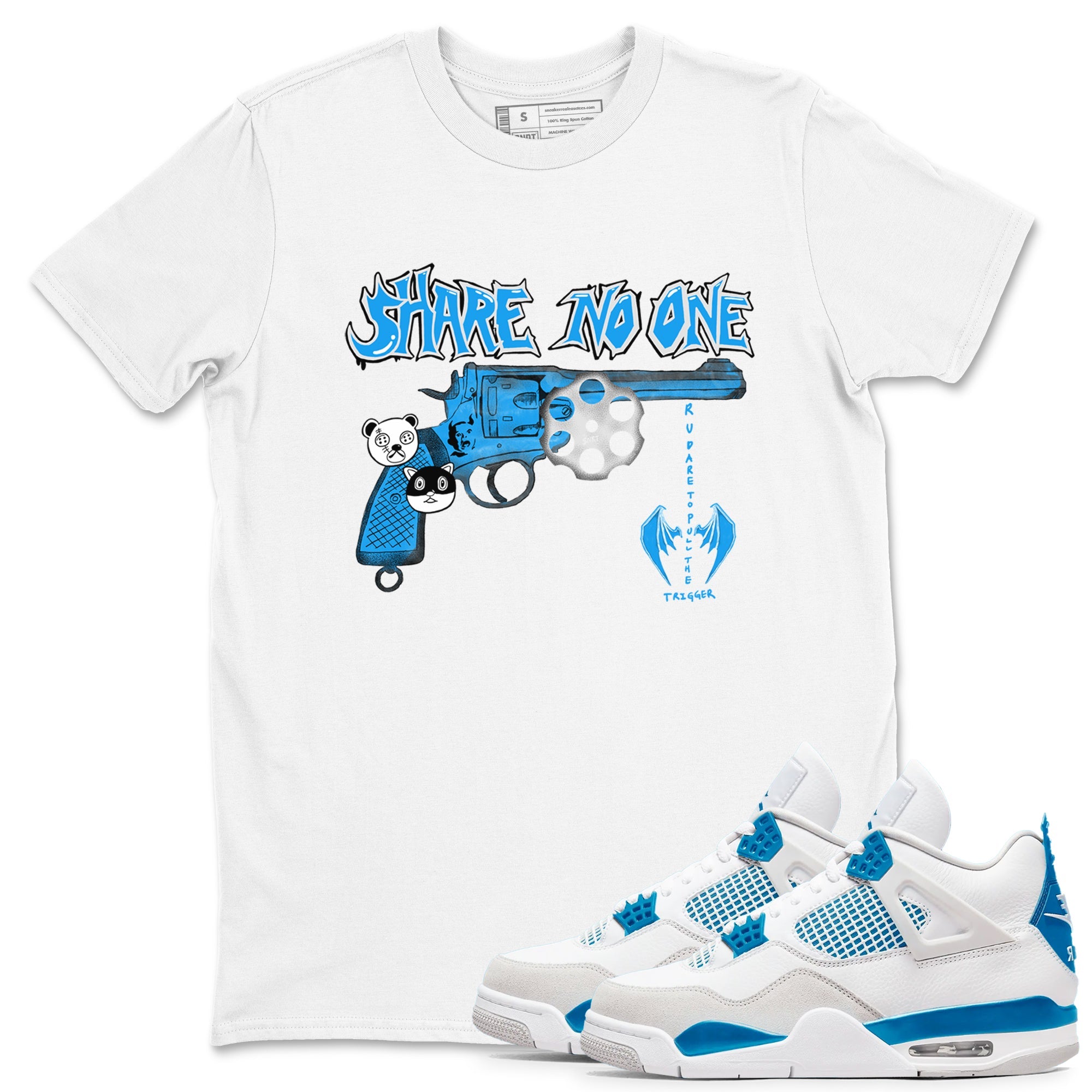Air Jordan 4 Military Blue shirt to match jordans Share No One sneaker tees Air Jordan 4 Military Blue Drip Gear Zone unisex cotton White 1 crew neck shirt