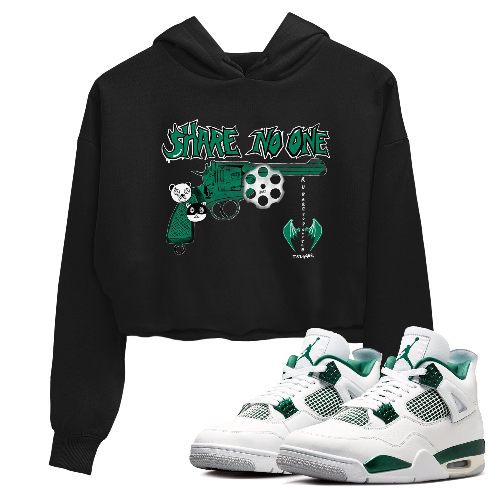 4s Oxidized Green shirts to match jordans Share No One sneaker match tees Air Jordan 4 Oxidized Green Drip Gear Zone streetwear brand Black 1 crop tee
