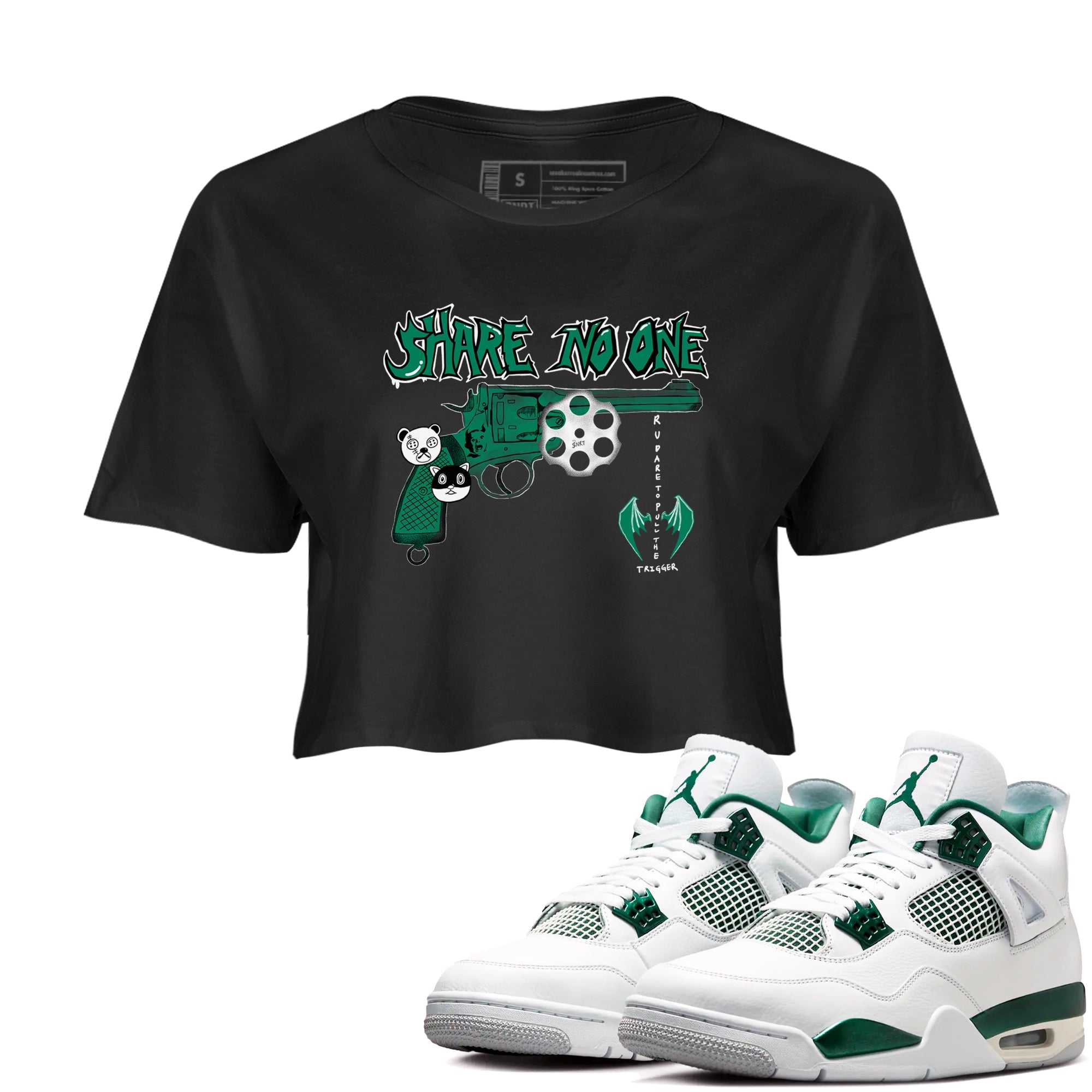 4s Oxidized Green shirts to match jordans Share No One sneaker match tees Air Jordan 4 Oxidized Green Drip Gear Zone streetwear brand Black 1 crop tee