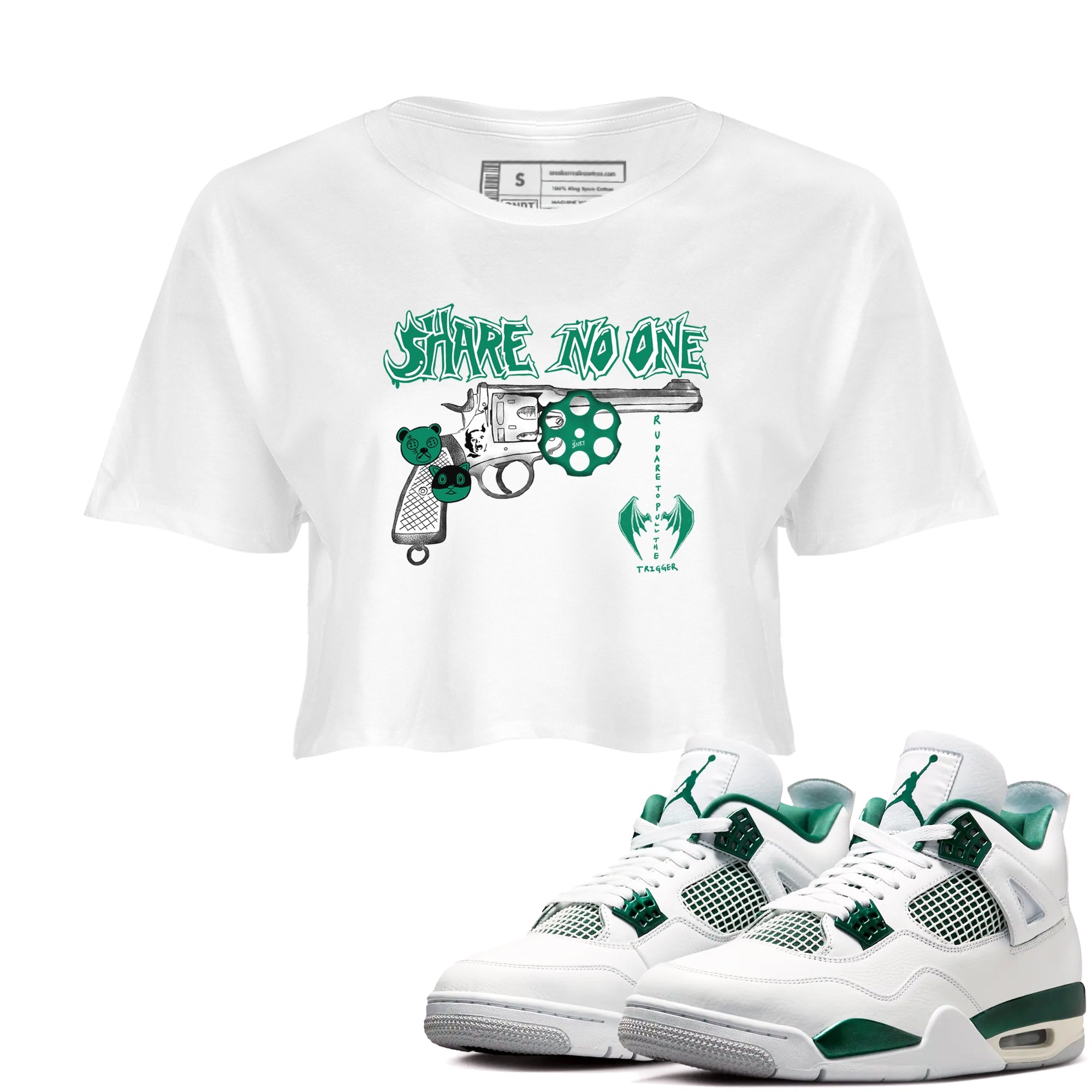 4s Oxidized Green shirts to match jordans Share No One sneaker match tees Air Jordan 4 Oxidized Green Drip Gear Zone streetwear brand White 1 crop tee