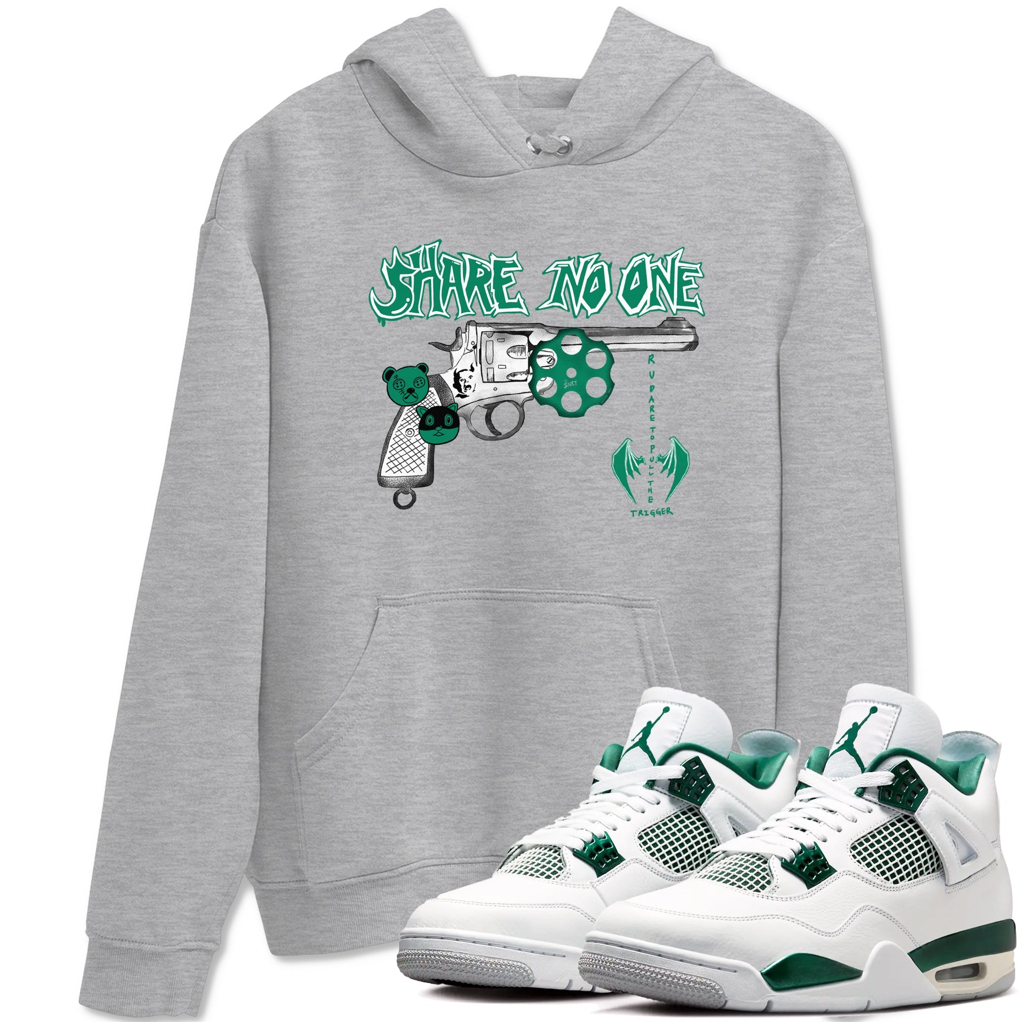 4s Oxidized Green shirts to match jordans Share No One sneaker match tees Air Jordan 4 Oxidized Green Drip Gear Zone streetwear brand Heather Grey 1 unisex cotton tee