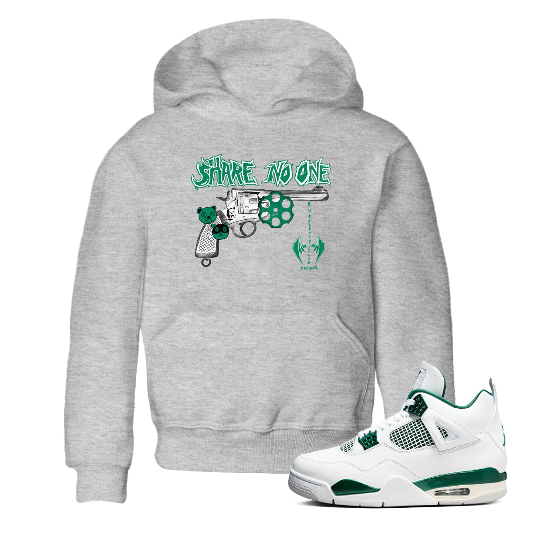 4s Oxidized Green shirts to match jordans Share No One sneaker match tees Air Jordan 4 Oxidized Green Drip Gear Zone streetwear brand Baby and Youth Heather Grey 1 cotton tee