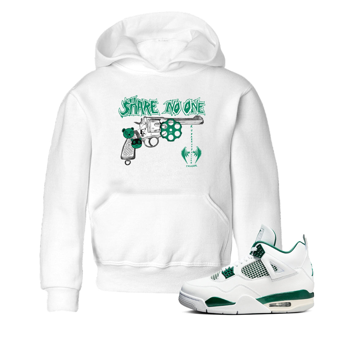 4s Oxidized Green shirts to match jordans Share No One sneaker match tees Air Jordan 4 Oxidized Green Drip Gear Zone streetwear brand Baby and Youth White 1 cotton tee