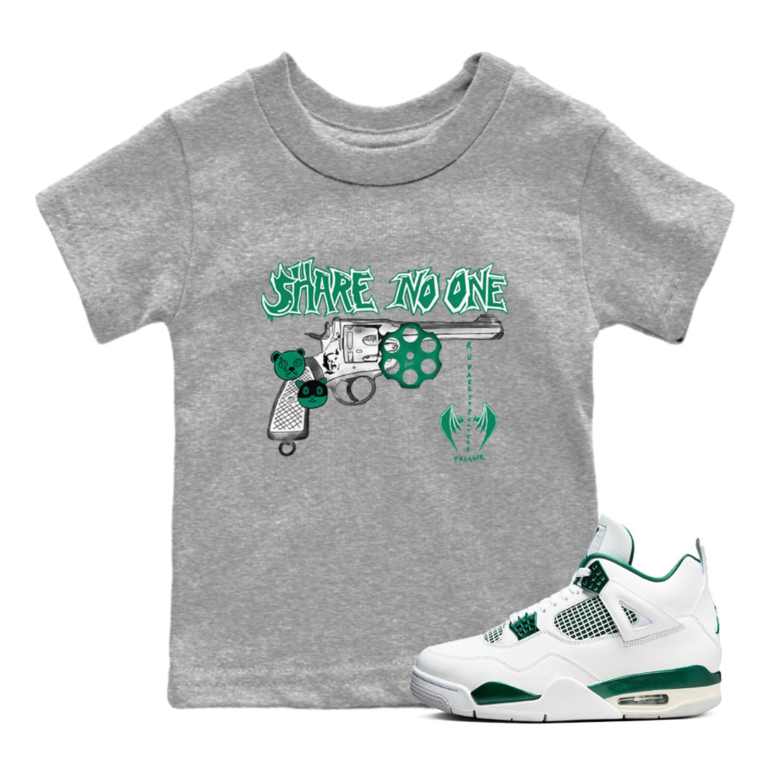 4s Oxidized Green shirts to match jordans Share No One sneaker match tees Air Jordan 4 Oxidized Green Drip Gear Zone streetwear brand Baby and Youth Heather Grey 1 cotton tee