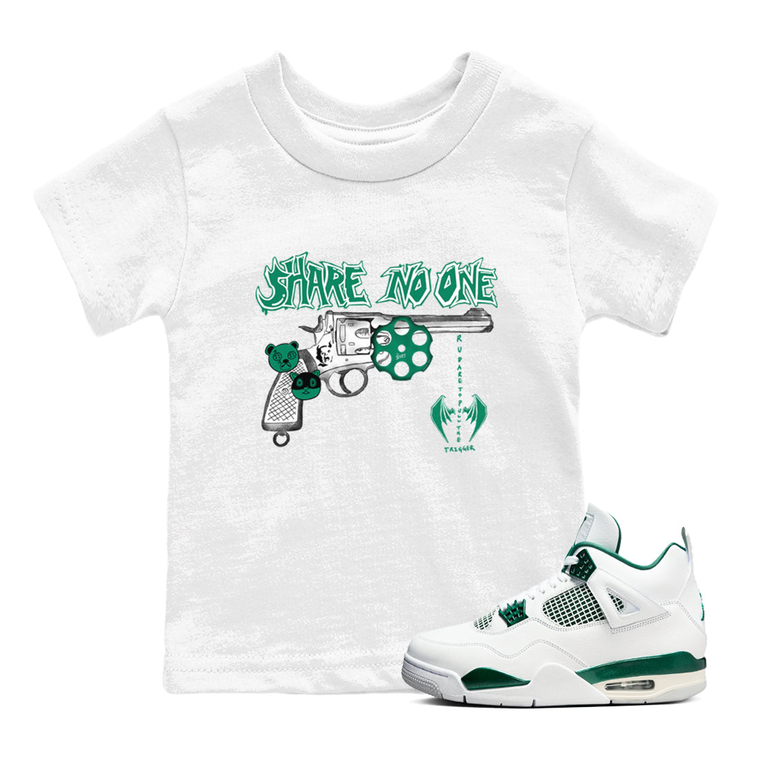 4s Oxidized Green shirts to match jordans Share No One sneaker match tees Air Jordan 4 Oxidized Green Drip Gear Zone streetwear brand Baby and Youth White 1 cotton tee