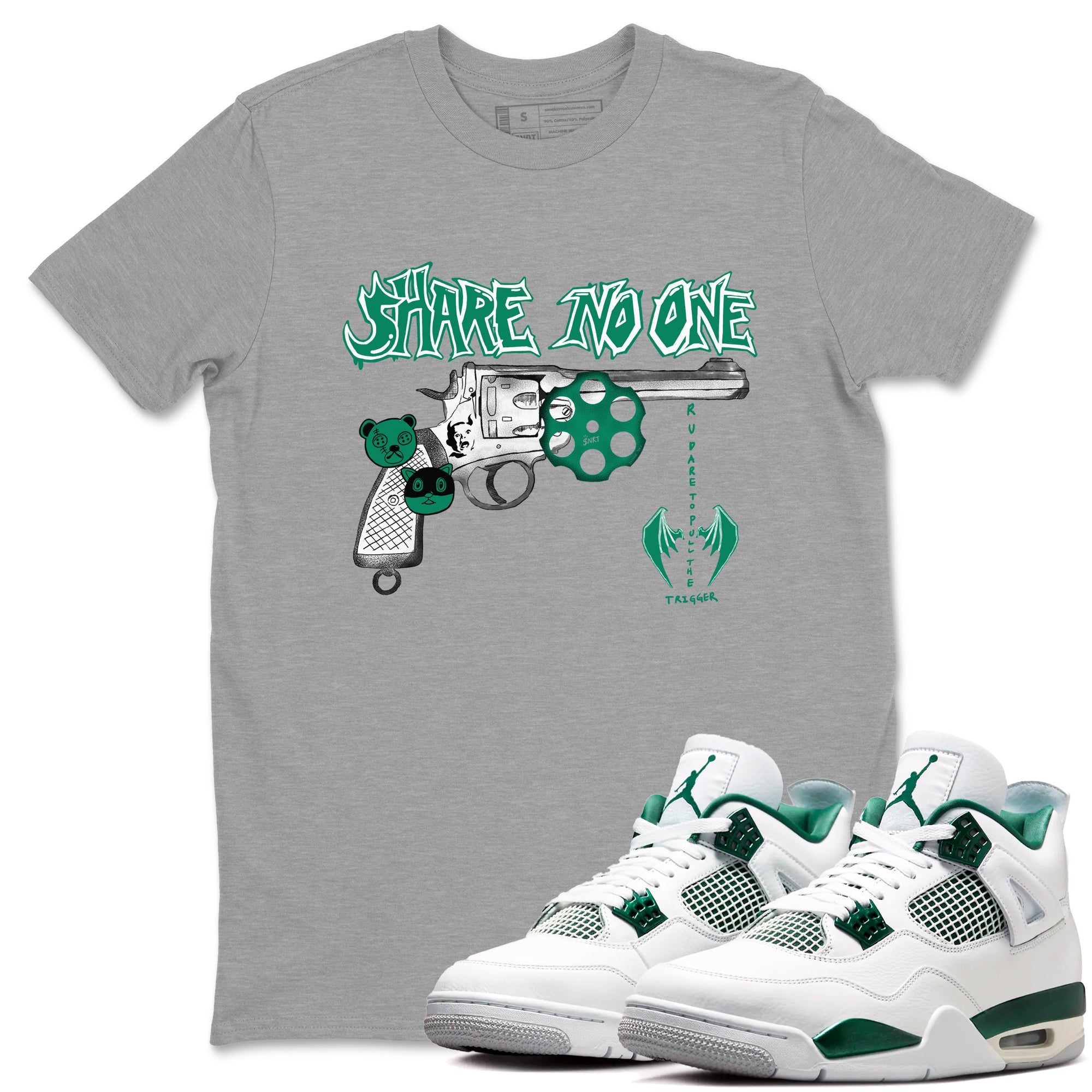 4s Oxidized Green shirts to match jordans Share No One sneaker match tees Air Jordan 4 Oxidized Green Drip Gear Zone streetwear brand Heather Grey 1 unisex cotton tee