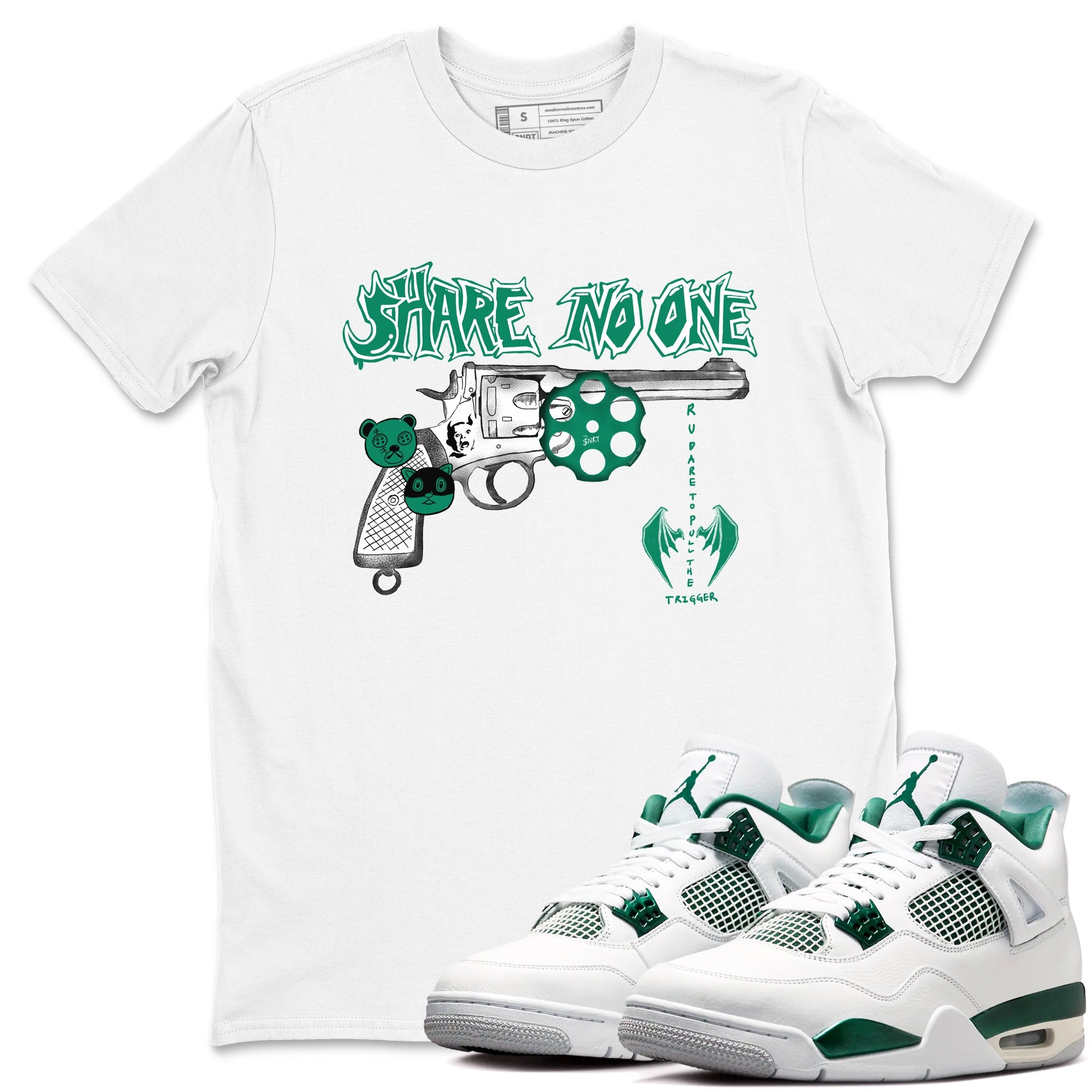 4s Oxidized Green shirts to match jordans Share No One sneaker match tees Air Jordan 4 Oxidized Green Drip Gear Zone streetwear brand White 1 unisex cotton tee