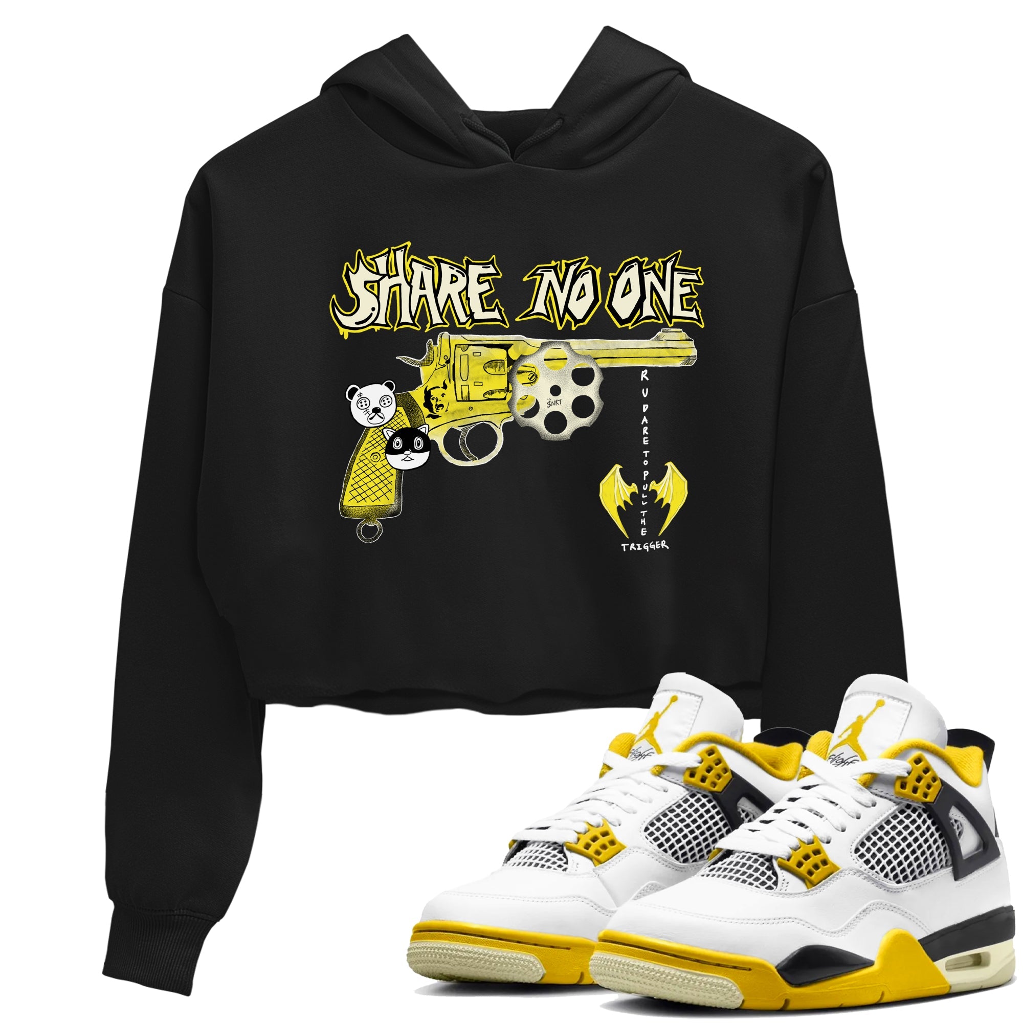 4s Vivid Sulfur shirt to match jordans Share No One sneaker tees Air Jordan 4 Vivid Sulfur Drip Gear Zone Black 1 crop length shirt