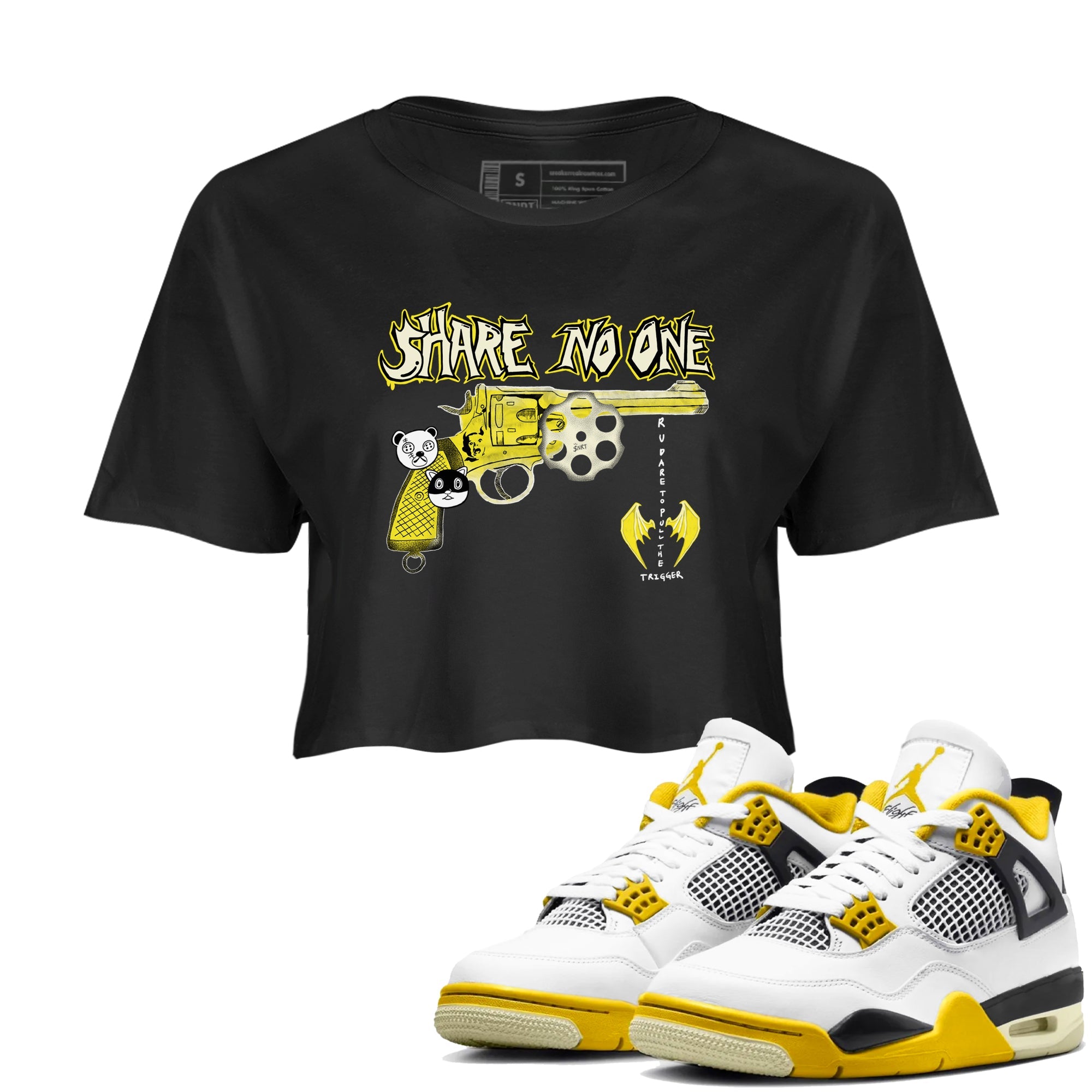 4s Vivid Sulfur shirt to match jordans Share No One sneaker tees Air Jordan 4 Vivid Sulfur Drip Gear Zone Black 1 crop length shirt