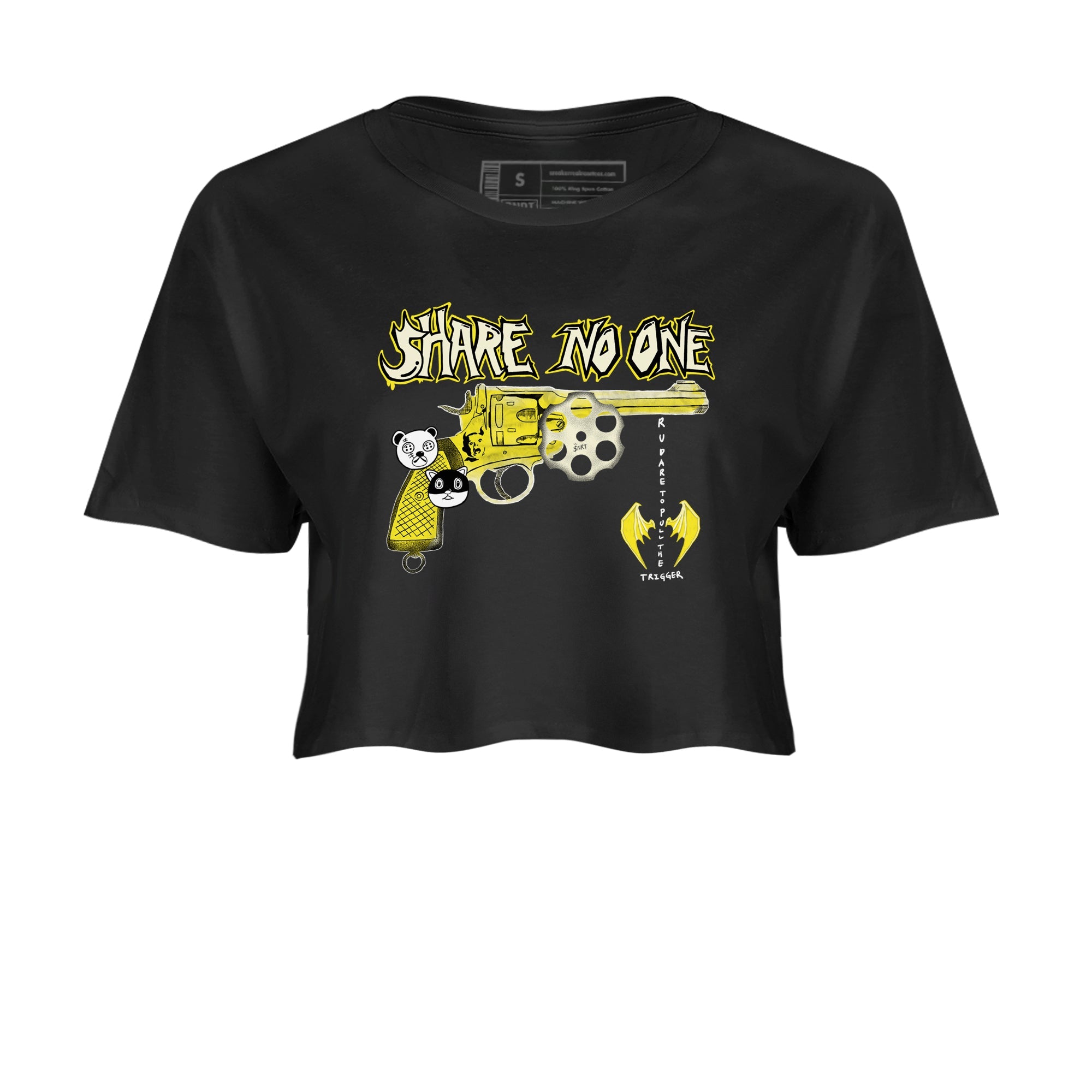 4s Vivid Sulfur shirt to match jordans Share No One sneaker tees Air Jordan 4 Vivid Sulfur Drip Gear Zone Black 2 crop length shirt