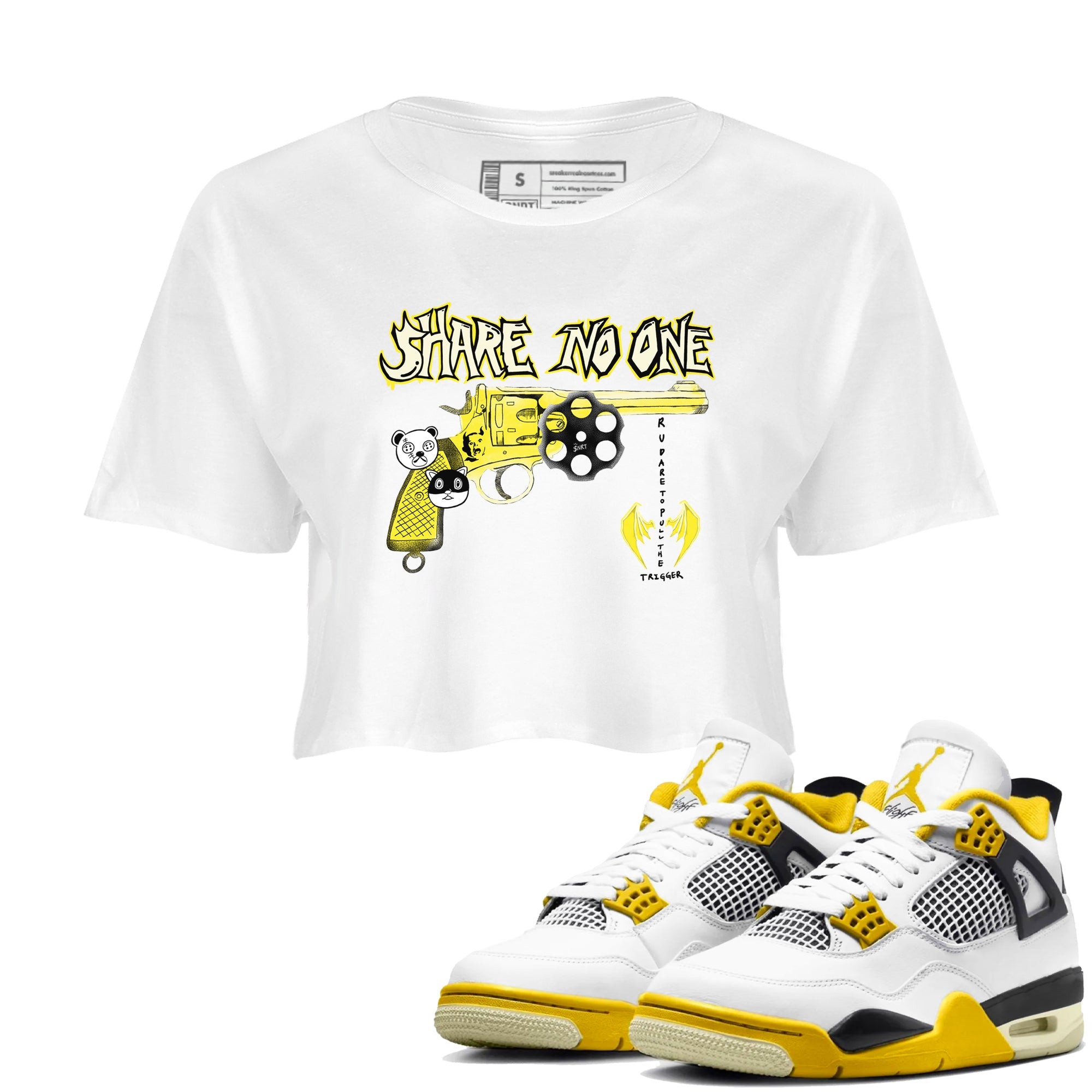 4s Vivid Sulfur shirt to match jordans Share No One sneaker tees Air Jordan 4 Vivid Sulfur Drip Gear Zone White 1 crop length shirt