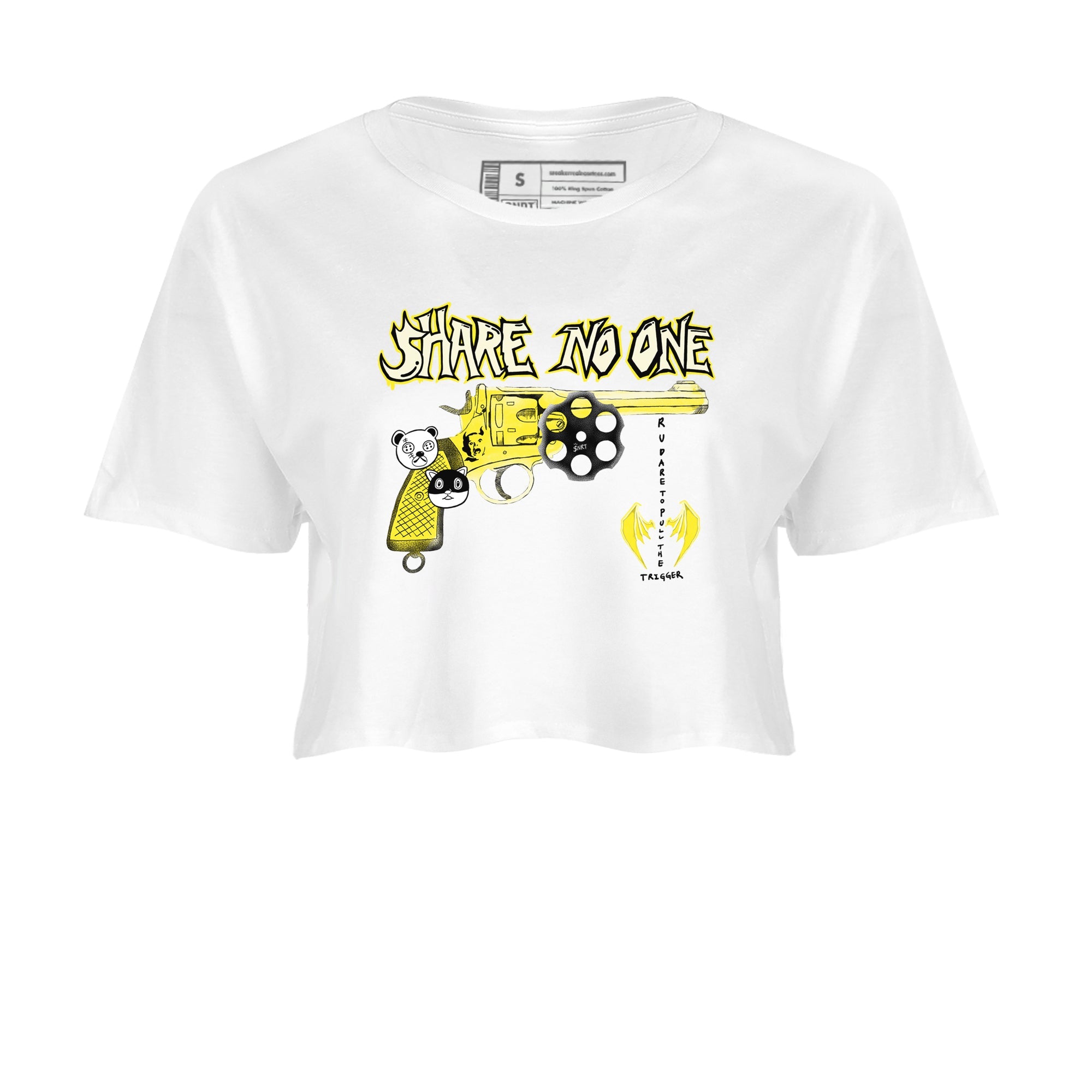 4s Vivid Sulfur shirt to match jordans Share No One sneaker tees Air Jordan 4 Vivid Sulfur Drip Gear Zone White 2 crop length shirt