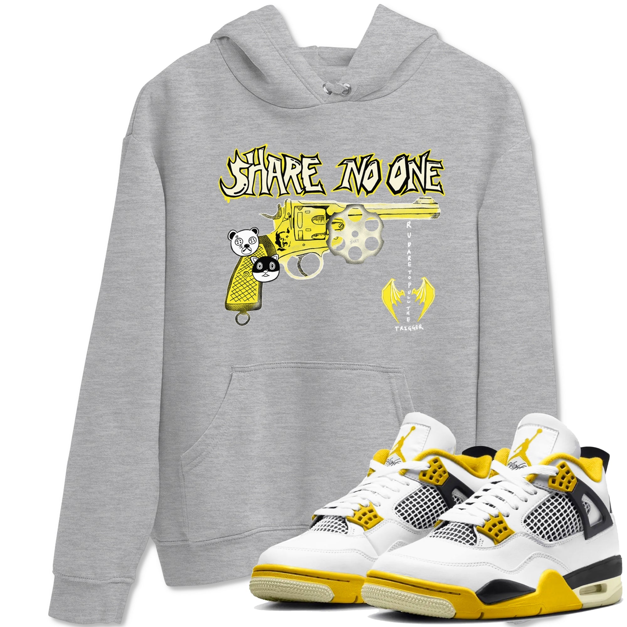4s Vivid Sulfur shirt to match jordans Share No One sneaker tees Air Jordan 4 Vivid Sulfur Drip Gear Zone unisex cotton Heather Grey 1 crew neck shirt