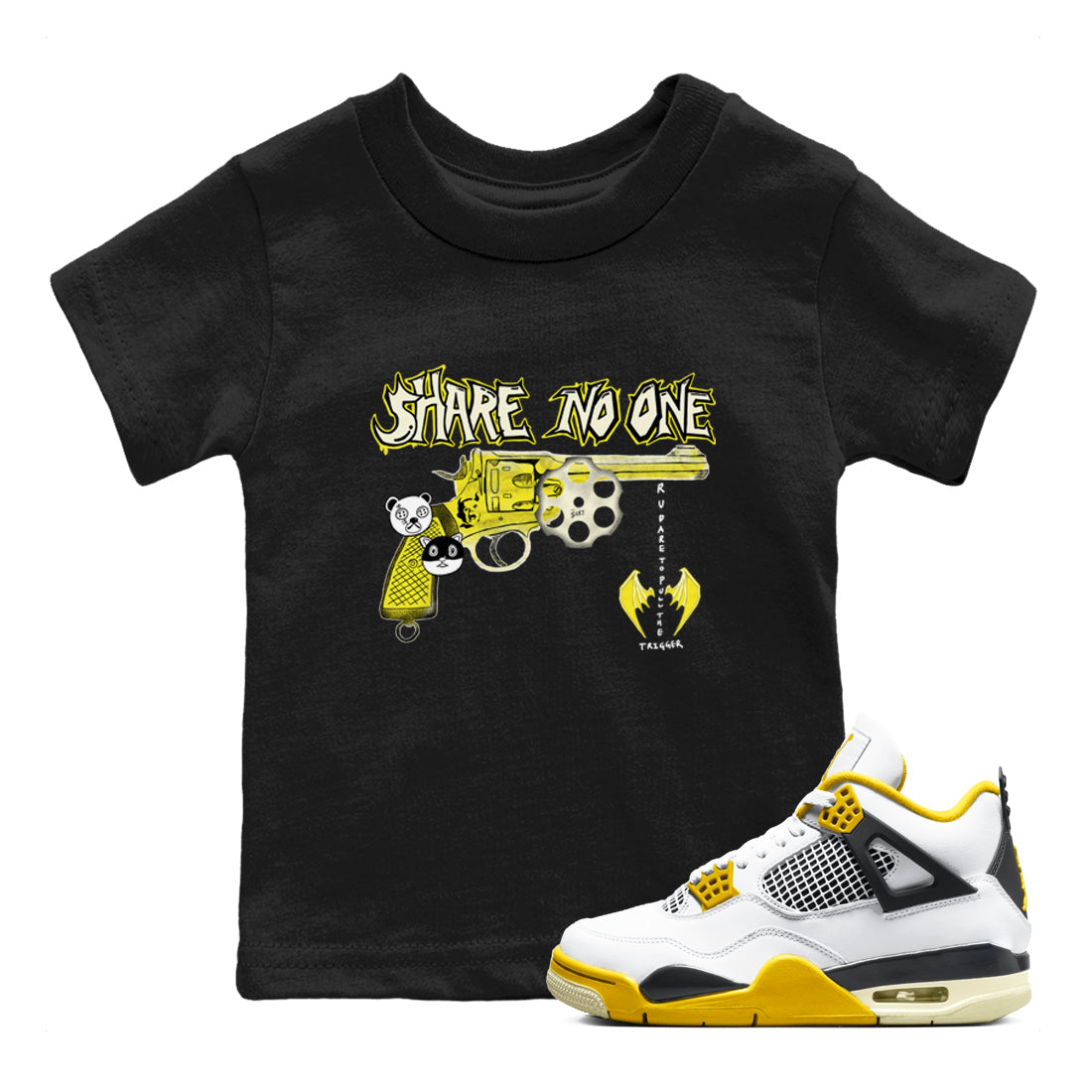 4s Vivid Sulfur shirt to match jordans Share No One sneaker tees Air Jordan 4 Vivid Sulfur Drip Gear Zone baby toddler Black 1 cotton Shirt