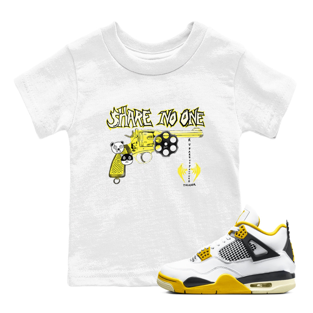 4s Vivid Sulfur shirt to match jordans Share No One sneaker tees Air Jordan 4 Vivid Sulfur Drip Gear Zone baby toddler White 1 cotton Shirt