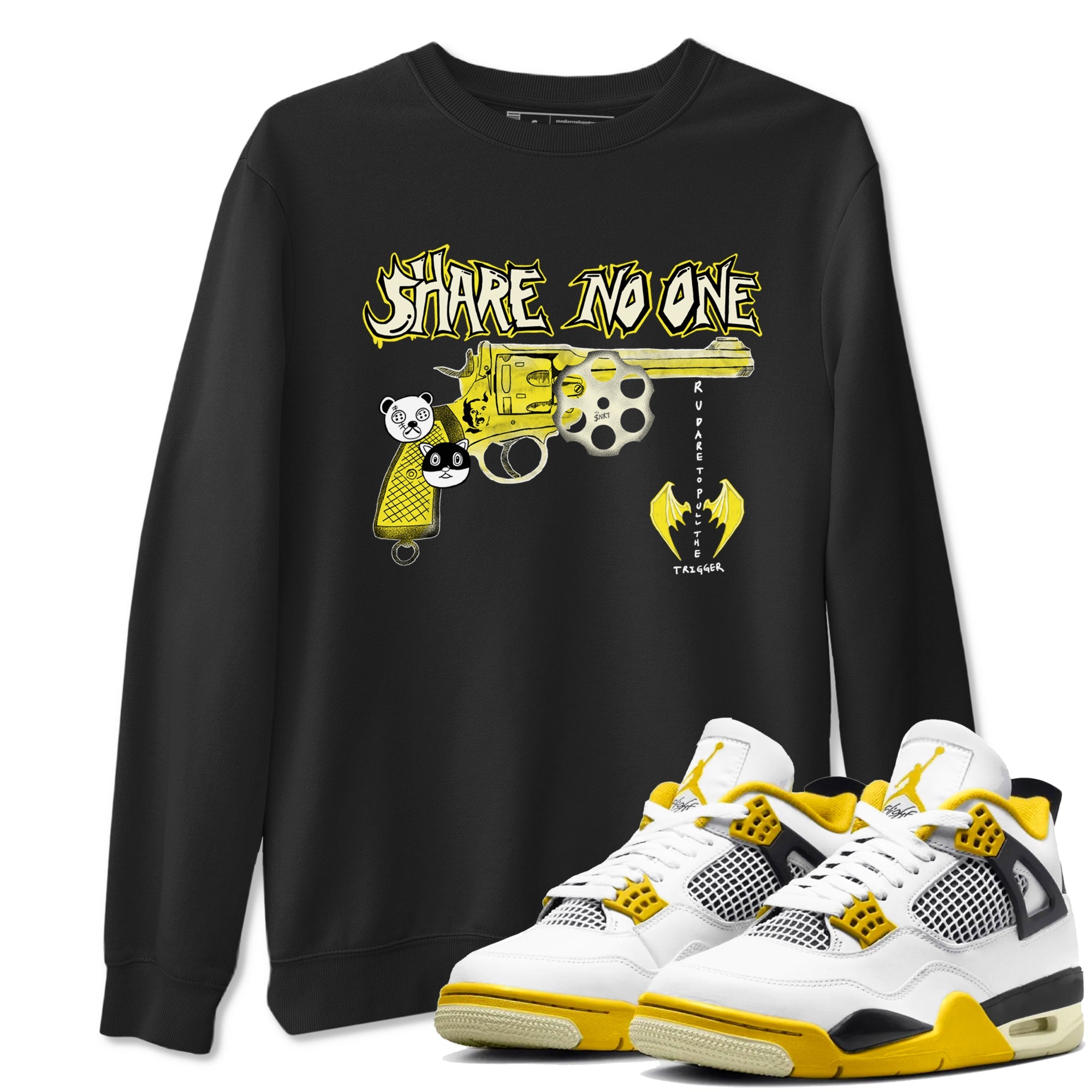 4s Vivid Sulfur shirt to match jordans Share No One sneaker tees Air Jordan 4 Vivid Sulfur Drip Gear Zone unisex cotton Black 1 crew neck shirt